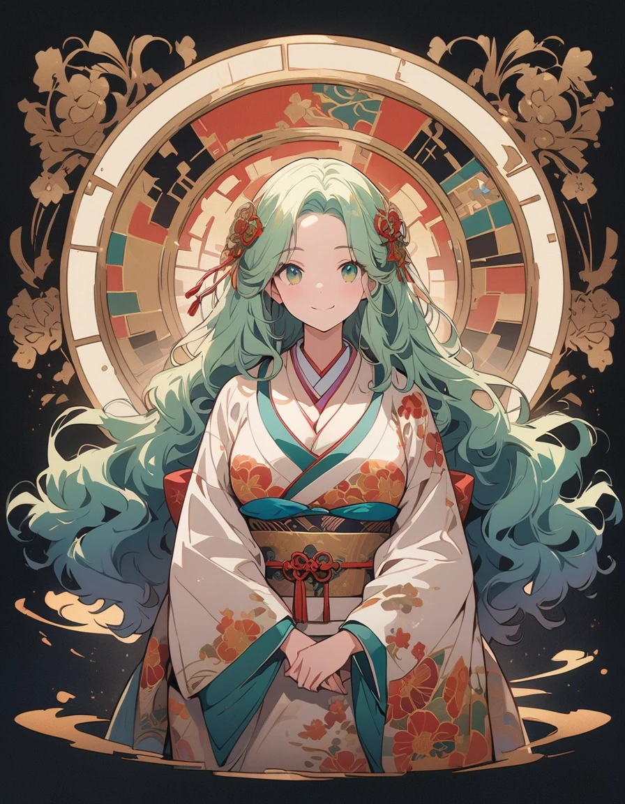 (beautiful woman, wavy hair, Light green hair), smiling lightly, big breasts, cleavage, (kimono:1.4, antique pattern, ruffles:1.2), (antique design), short boots,Full Body、 antique background, simple background, (top quality, masterpiece, high resolution,detailed),animated style,flat style,(eyes shining iridescent colors illuminated light,detailed beautiful face), BREAK,extremely detailed,high saturation,floating,dynamic angles,animated