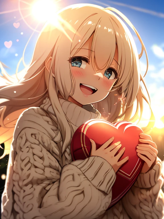 a girl, cosy sweater on, upper body, (huge Laughing:1.1), (open mouth:1.1), (wide open eyes:1.2), sun glare, bokeh, depth of field, blurry background, light particles, strong wind, (heart particles:1.1)
