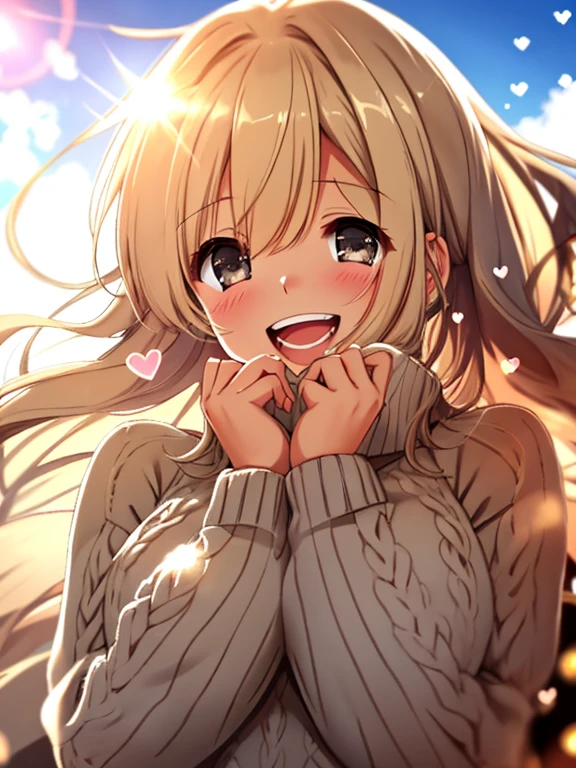 a girl, cosy sweater on, upper body, (huge Laughing:1.1), (open mouth:1.1), (wide open eyes:1.2), sun glare, bokeh, depth of field, blurry background, light particles, strong wind, (heart particles:1.1)