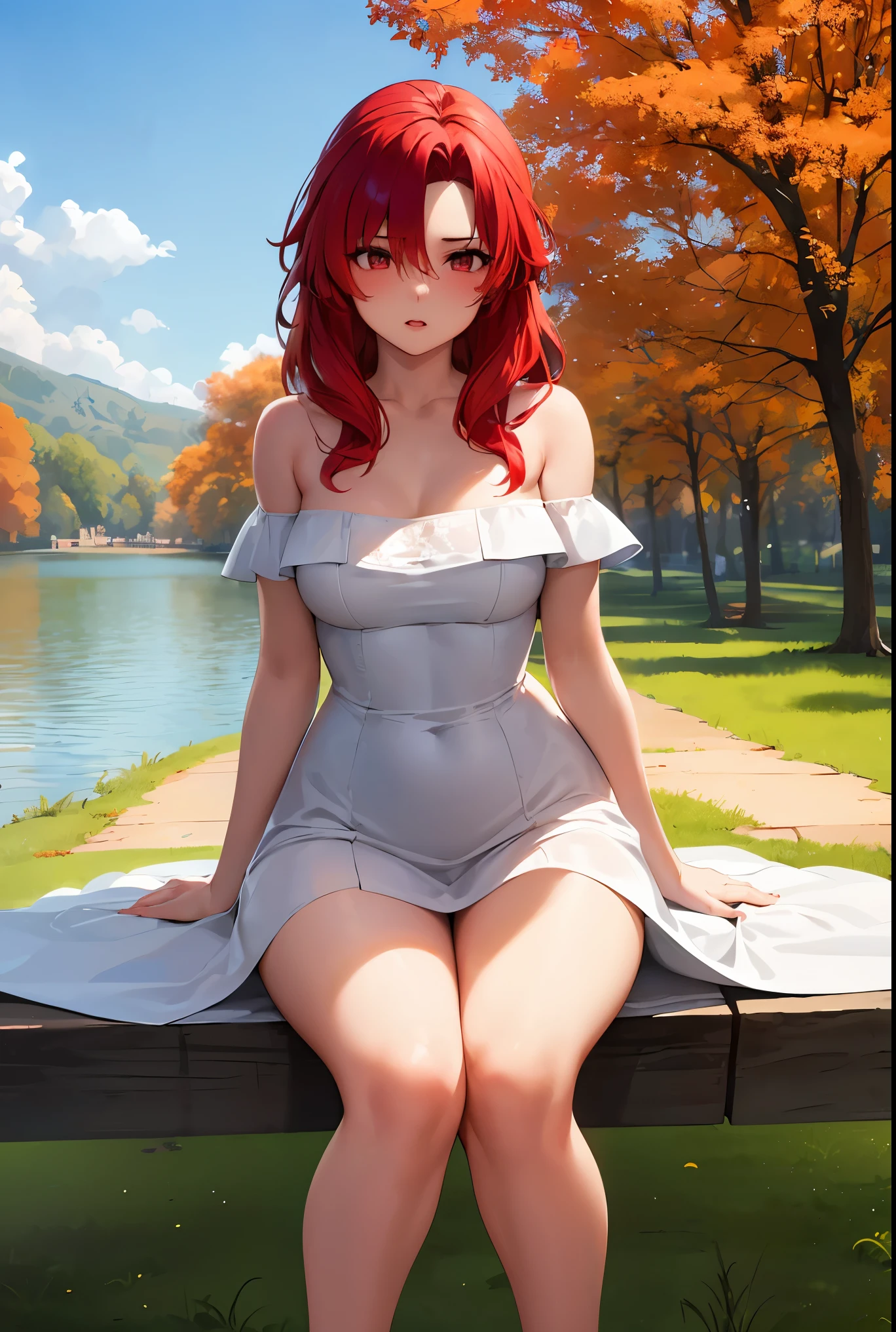 1girl, lisara restall, ((red hair:1.5)),
BREAK (white off-shoulder wedding dress:1.2), BREAK front view, thighs, thigh focus, outdoors, lake, grass, sitting on ground, sitting, nature, autumn, fall(season), by the lake, feet in lake, sexy, pond,
BREAK ((anime girl)), best quality, expressive eyes, perfect face, (masterpiece), best quality, expressive eyes, perfect face, ((best quality)), ((ultra-detailed)), ((an extremely delicate and beautiful)), perfect eyes, perfect body, ((synmetry eyes)), beautiful eyes, ((thick thighs)), shiny skin, soft skin, ((synmetry body)), ((perfect body)),