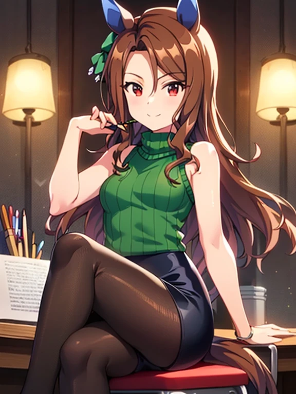 King Halo\(umamusume\), highest quality、masterpiece、Ultra-high resolution、、Anime 2D Rendering, Realistic young anime woman,  Beautiful body, Beautiful thighs, Beautiful feet, White beautiful skin、 ((Green sleeveless V-neck sweater:1.4)、(black mini pencil skirt:1.4)、Black Pantyhose、(Black High Heels))、 smile、Face towards the viewer、(whole body、Sit at a desk、Crossing your legs)