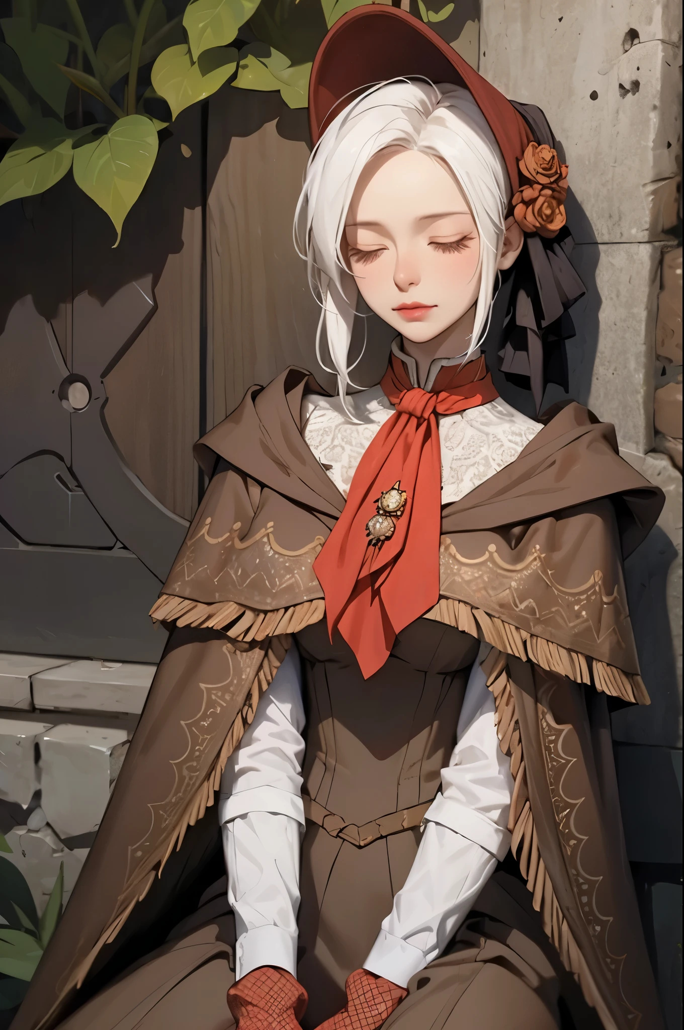 plaindoll, white hair, pale skin, (colored eyelashes, white eyelashes:1.2), sitting, closed eyes, sleeping, closed mouth, bags under eyes, doll joints, bonnet, red ascot, brown cloak, brown dress, long dress, gloves, rock wall, muted color, 1girl, solo, (masterpiece:1.6, best quality),
