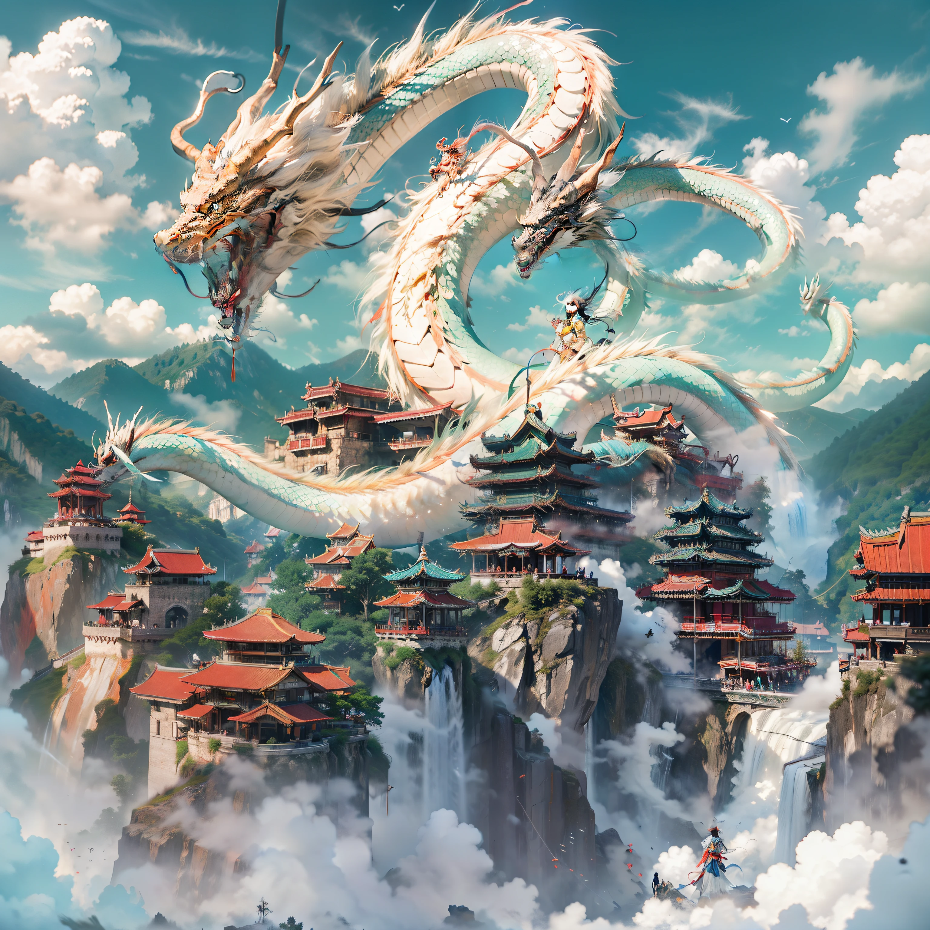 In the distance, A Chinese dragon soars over a building high on a mountain,Dragon's eyes,dragon claw,Sword dancing boy dressed in white on a cliff:1.1,A wonderland building suspended in the air,acurate,high qulity,best qualtiy,ultra - detailed