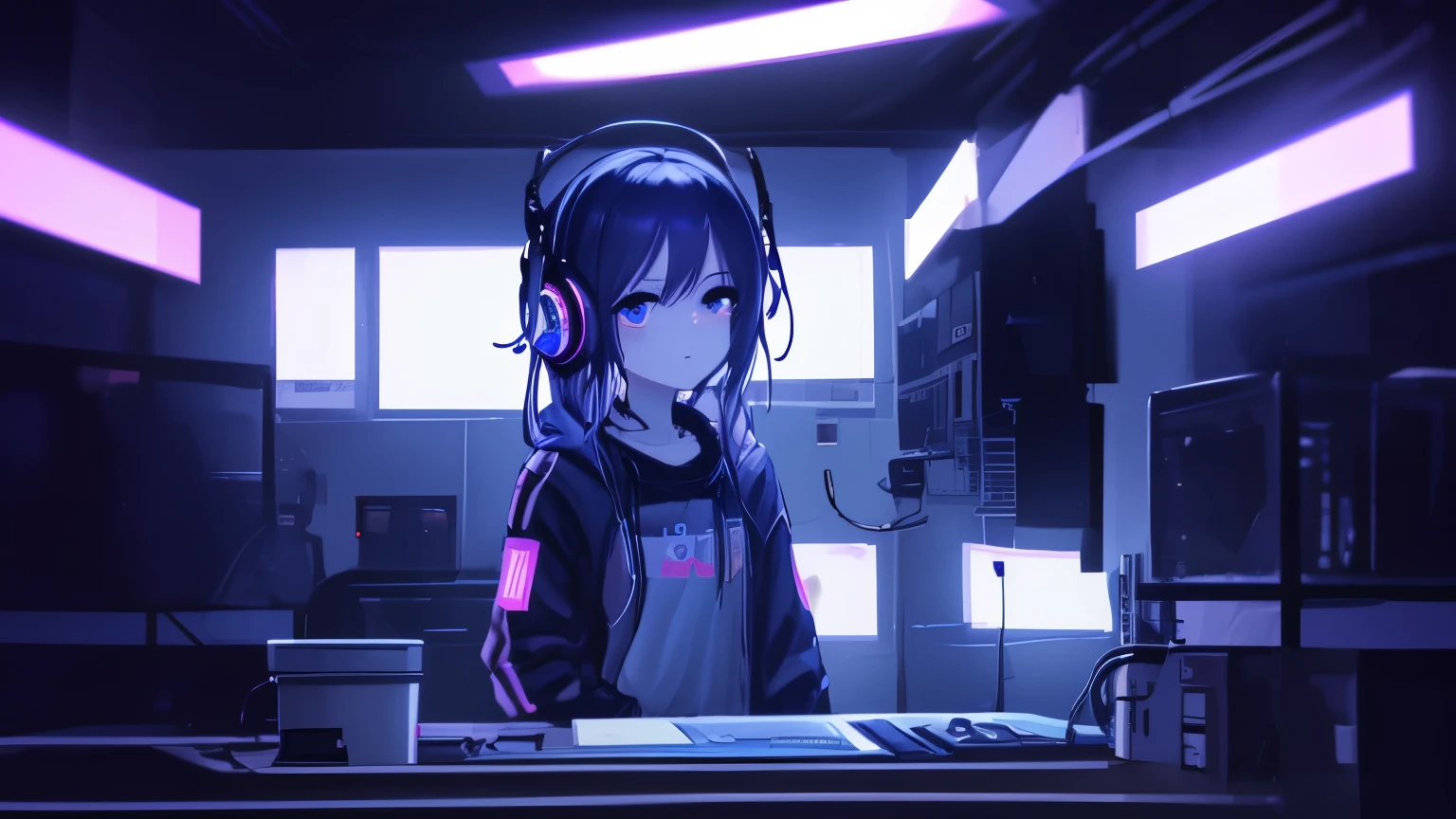 Concept Art、One Girl、cyber punk、Radio Station of the Future、announcer、headphone、high quality、Mechanic