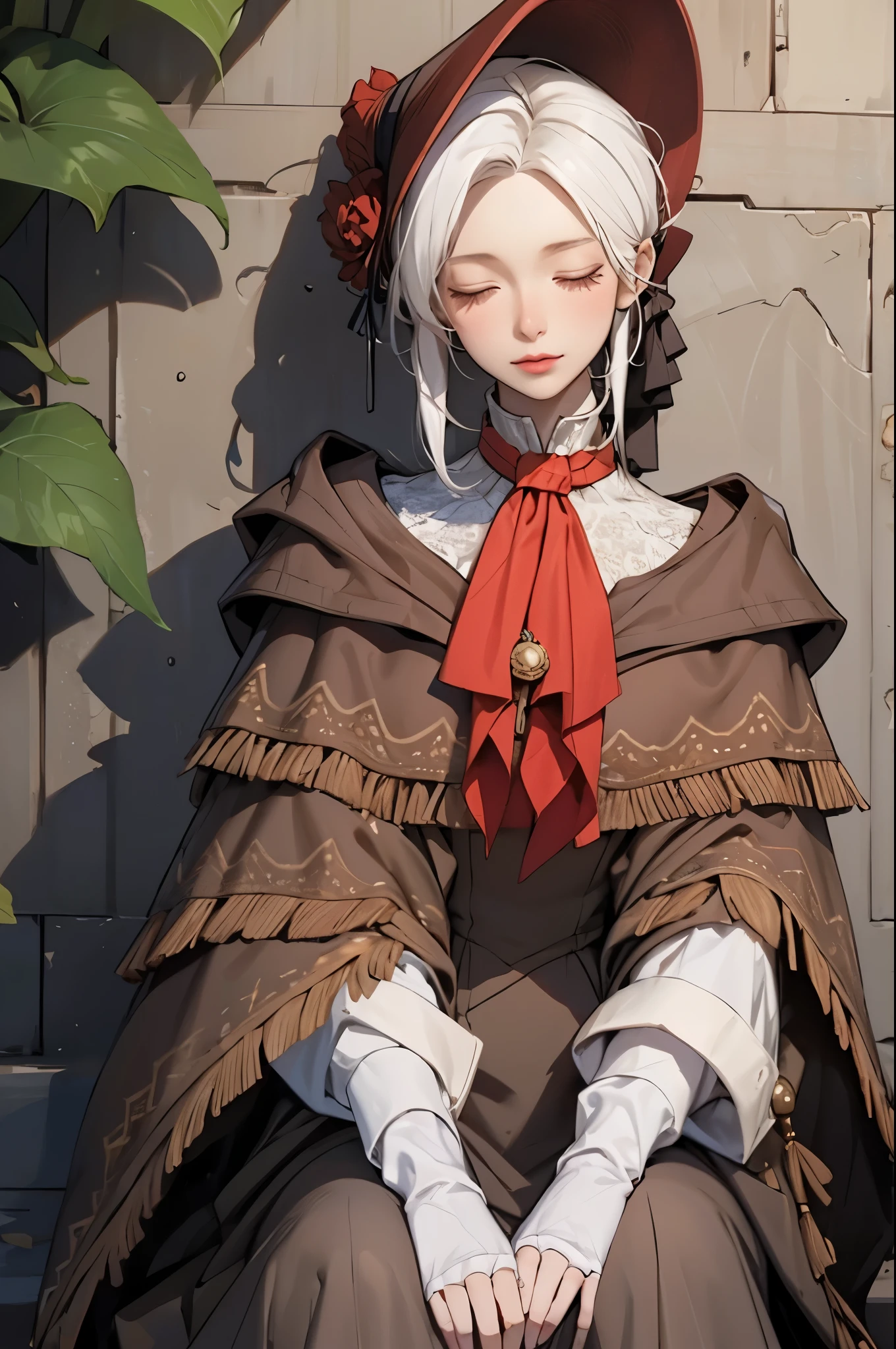 plaindoll, white hair, pale skin, (colored eyelashes, white eyelashes:1.2), sitting, closed eyes, sleeping, closed mouth, bags under eyes, doll joints, bonnet, red ascot, brown cloak, brown dress, long dress, gloves, rock wall, muted color, 1girl, solo, (masterpiece:1.6, best quality),