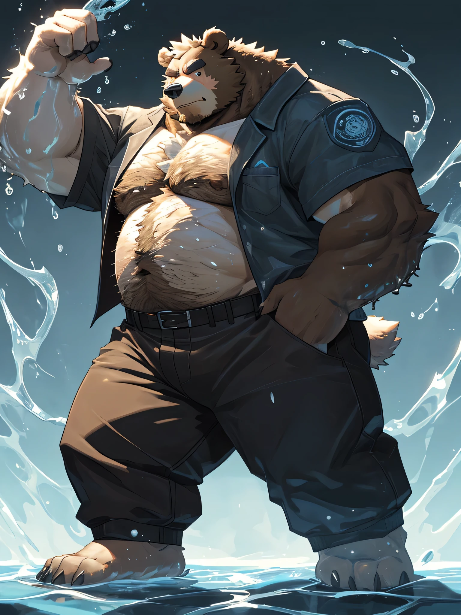 Brown and white bear，Blue wide eyebrows，Water Element，178cm，Weight of more than 280 kg，hairy，Looks fierce，Six-foot pants，Thick Legs，Waist and hip width，There&#39;s not a lot of flesh on the face.，Fat bear size，Deep blue eyes，Full-fledged uncle，Belly and chest level，Belly as wide as chest，Firm eyes，The whole body looks very strong，And meaty，Very broad body，The ratio of width to height is eight to nine。