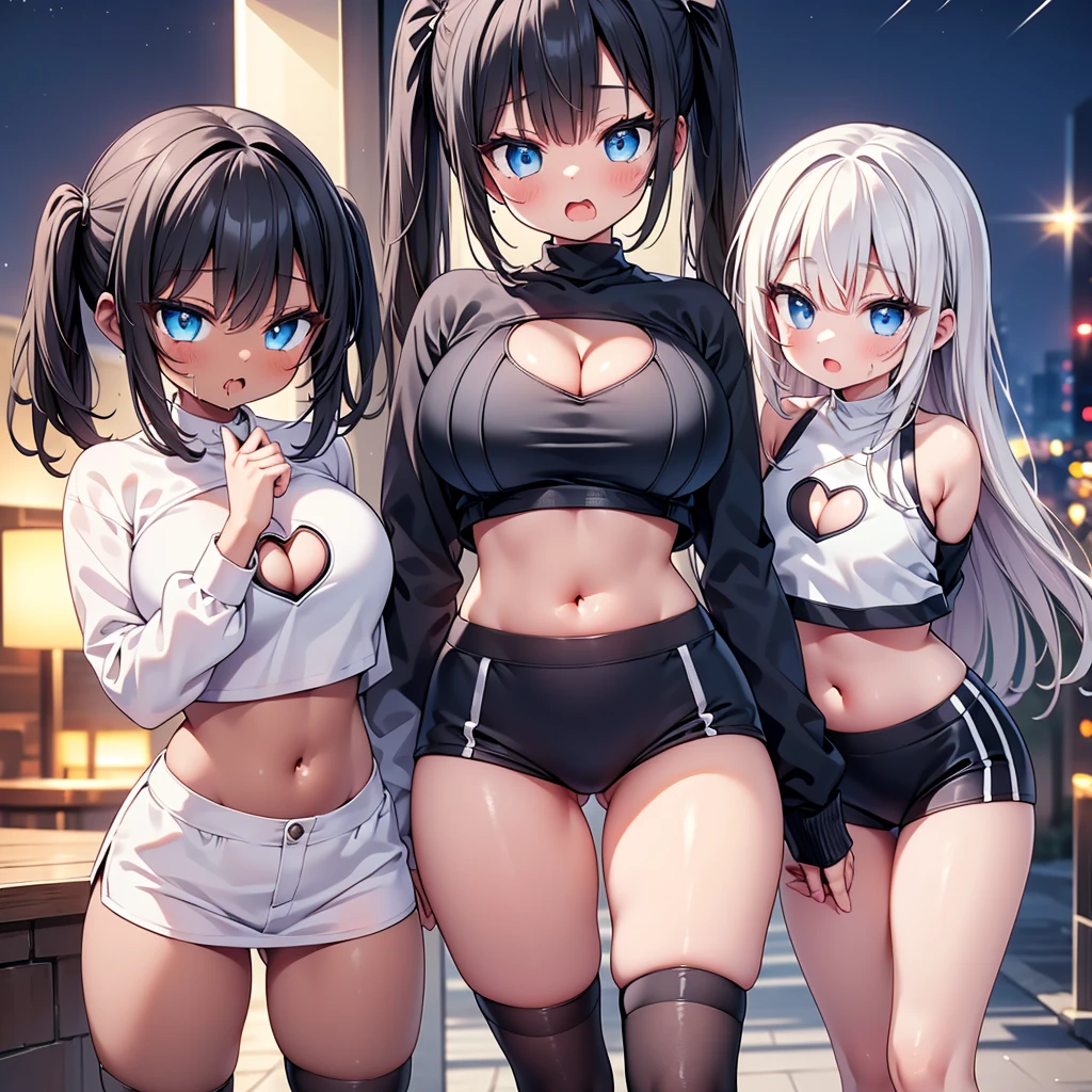 (cute eyes:1.3), (sparkling eyes:1.3), highest quality,wonderful,finely,extremely detailed CG Unity 8K wallpaper, (Stand in line:1.2), (tall stature:1.1), (3 girls, cute eyes, Black Hair, blue eyes, (dark skin:1,2), clothed), (black sweater:1.1), (skinny body:1.5), (huge breasts), (cleavage cutout:1.6) ,(crop top navel:1.6), (open mouth:1.1), (long tongue:1.1), (mouth drool:1.1), (Black knee socks:1.1),(Thighs:1.2),(Waistline:1.2)