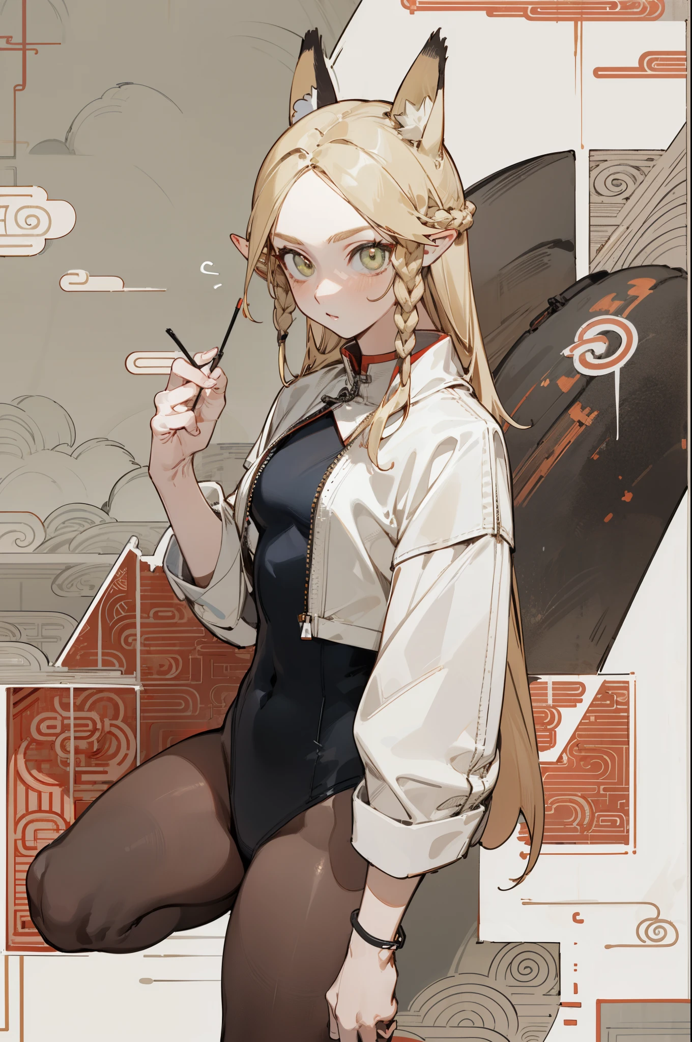 (masterpiece, best quality) detailed, Wearing black tights, silver accessories , The zipper is not closed , Blonde ,elegant, (Fox ears),Red Eyeshadow, ,Chinese element pattern,thigh,漏出thigh,White shirt,Deep V one-piece swimsuit