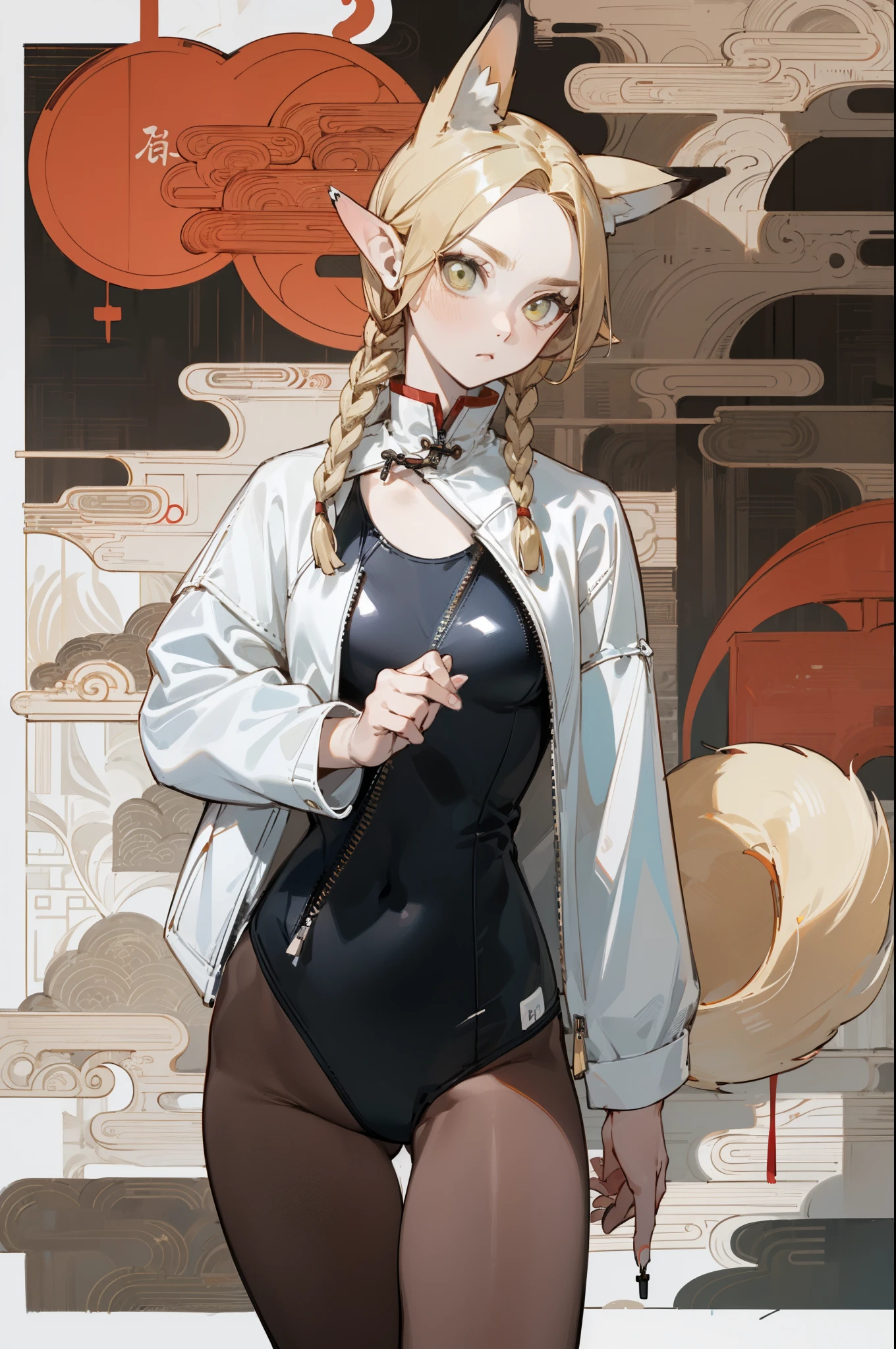 (masterpiece, best quality) detailed, Wearing black tights, silver accessories , The zipper is not closed , Blonde ,elegant, (Fox ears),Red Eyeshadow, ,Chinese element pattern,thigh,漏出thigh,White shirt,Deep V one-piece swimsuit