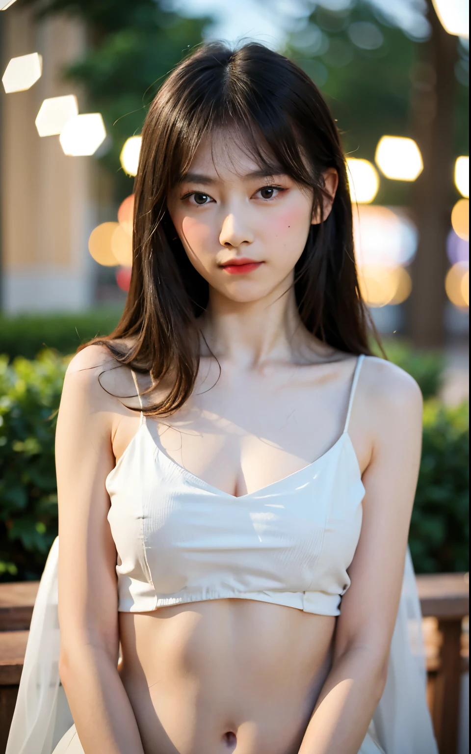 masutepiece, Best Quality, 8K, 22 yo, Raw photo, sad, Solo, Cute, Idol face, Delicate girl, Upper body, Digital SLR, Looking at Viewer, Candid, Sophisticated, Thin arms, Professional Lighting, Film grain, (Eyes and faces with detailed:1.0), (Bokeh:1.1)