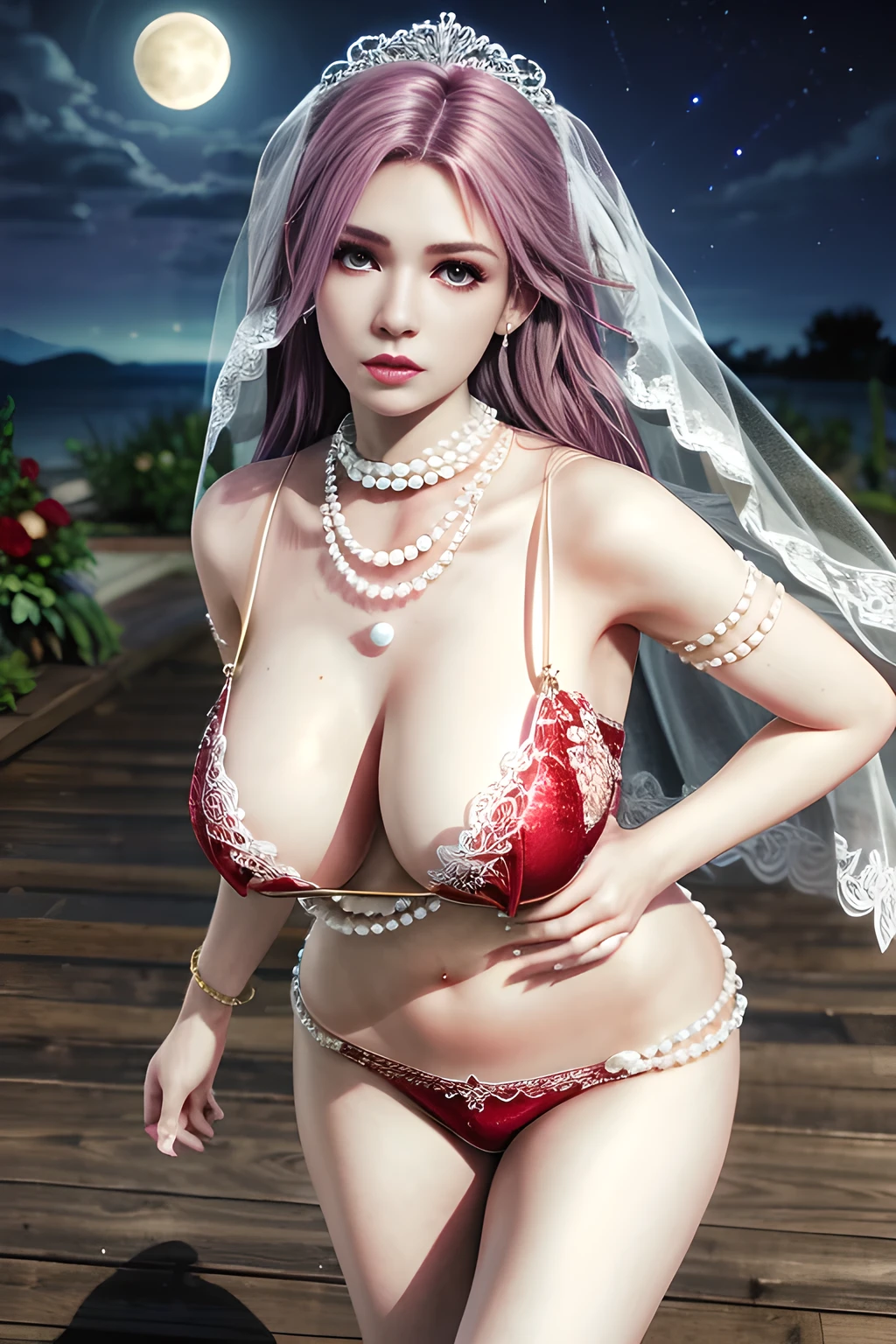 1 girl,lean over ,(Wearing Wedding Dress:1.2) ,(Wearing Jewel:1.2) ,( red lace_dress:1.3),(Fluffs ),(pearl bodychain:1.3),outdoor,elegant,nighttime,moonlighe,shiny skin,( huge breasts), lip gloss,tattoos, masterpiece, best quality, realistic ,Surrealism,natural colors art in 8k,soft shadows,Portrait art,solo,  elise,