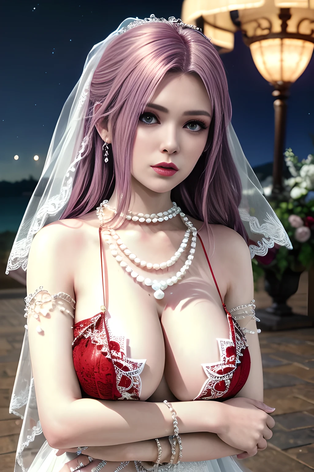 1 girl,lean over ,(Wearing Wedding Dress:1.2) ,(Wearing Jewel:1.2) ,( red lace_dress:1.3),(Fluffs ),(pearl bodychain:1.3),outdoor,elegant,nighttime,moonlighe,shiny skin,( huge breasts), lip gloss,tattoos, masterpiece, best quality, realistic ,Surrealism,natural colors art in 8k,soft shadows,Portrait art,solo,  elise,