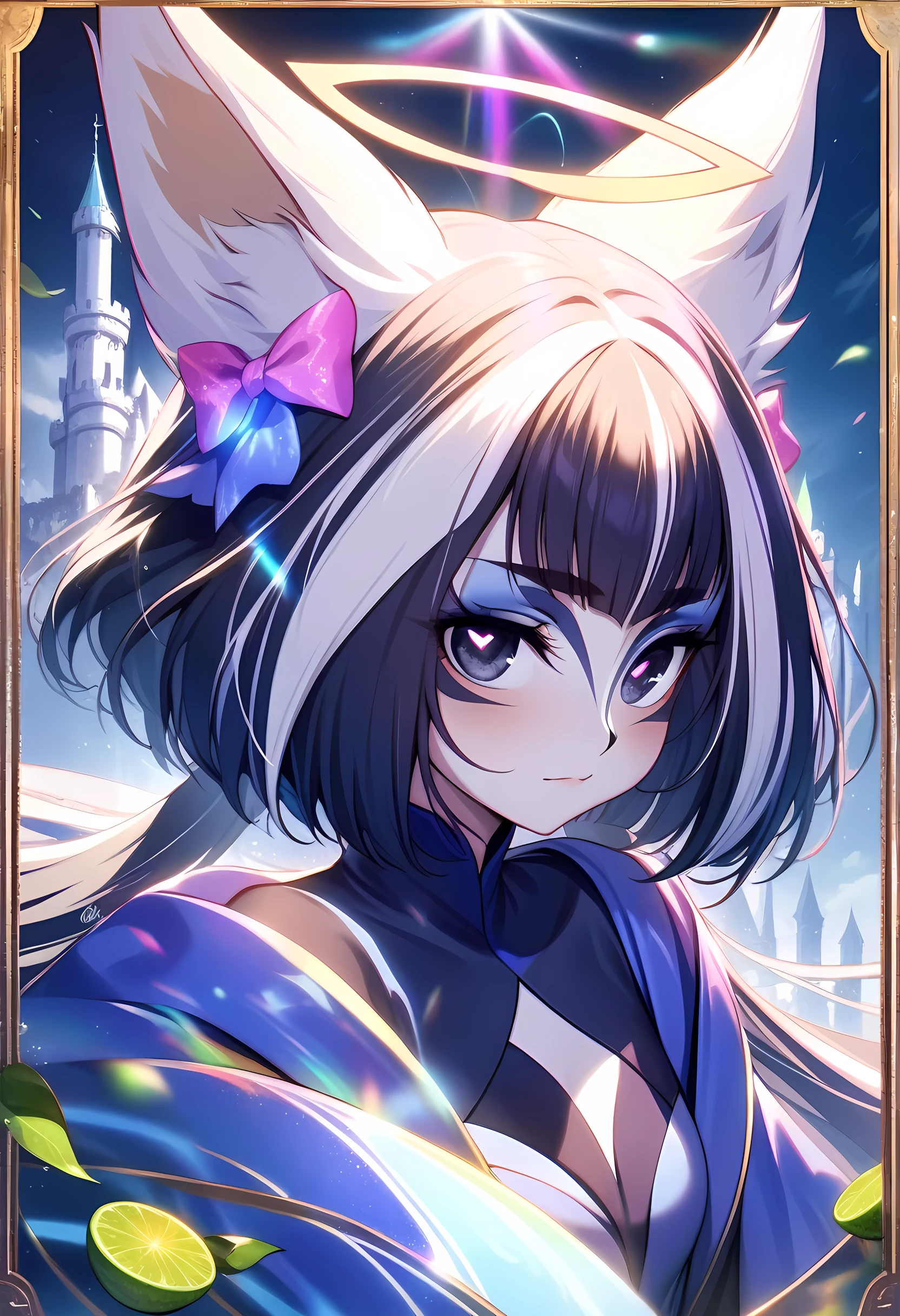 (shylily/(Twich/):1.5),(masterpiece:1.2),(best quality:1.2),, (1girl:1.3),(Highest picture quality),(Master's work),(ultra-detailed),(Detailed eye description:1.0),(lens flare:1.0),(movie poster:1.0),(Tarot border:1.0),the portrait is centered,(close-up:1.0),(nagative space:0.8),(negative space:1.6),(solo),(floating colorful water magic:1.0),(many colorful vines:1.0),(floating pink blades:1.0),(water wings:1.0), (dappled sunlight,light rays,caustics:1.2), (colorful:1.0),(beautiful detailed glow:1.0),(leaning back:1.2),(grim expression:1.0),(small:1.0),(closed mouth:1.0),(eyeshadow),,(lime hair:1.4),(long hair:1.0),(facing viewer:1.3),(halo:1.3),(head tilt:1.0),(dynamic pose:1.1),(asymmetrical hair:1.2),(blue armor:1.0),(military),(layered skirt),(black eyes:1.4),blunt bangs,high twintails,,long coat,(floating cape:1.0),(fox ears, fox girl:1.1),(castle:1.4),(outdoors,outside:1.1),hair bow,,(flying:1.1),(upper body:1.25),,  symbol-shaped pupils, heart-shaped pupils