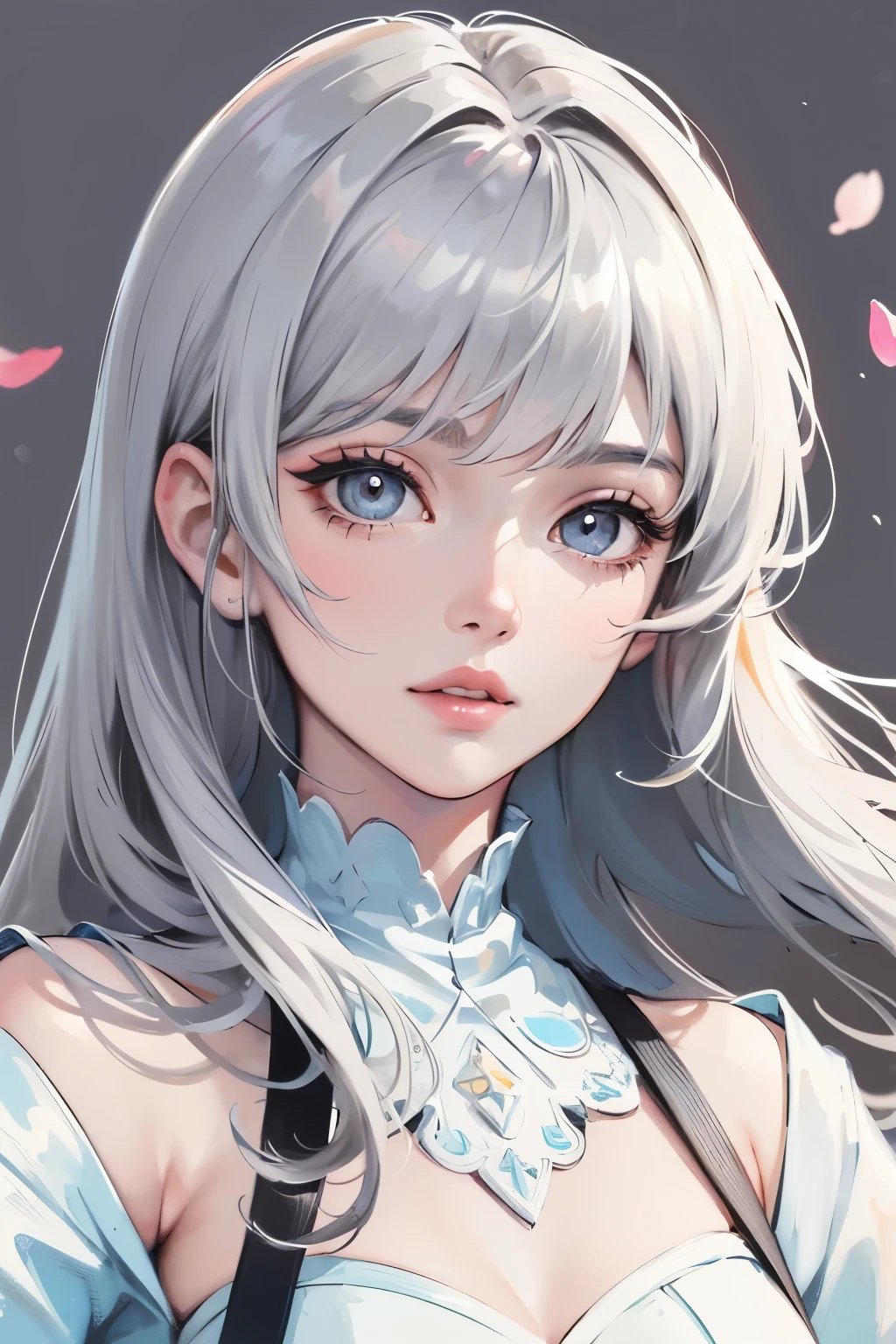 8K masterpiece superlative, anime woman, cold wind realistic portrait, sister, silver white long hair woman, long hair, light pink lips, calm and rational bangs, gray pupils, flower background, petals dancing, delicate face #SeaArt #digitalart #digitaldrawing #aiart #aiartwork #anime