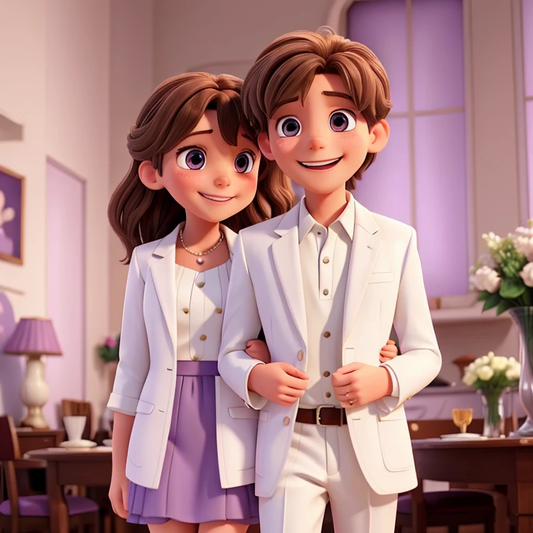 Brown haired girl in white dress and white haired boy in lilac suit hugging laughing at a party