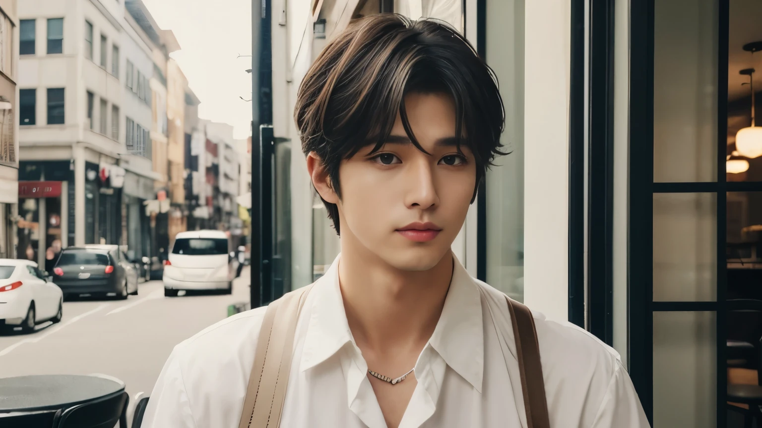 musician、A refreshing, handsome man in his 20s、（Super cool S-class guy）、Japanese Male, 20-year-old、、Open Cafeで撮影、a handsome guy、（CG Unity 8K high resolution photo）、（Very detailedＳクラスのa handsome guy性）、（Realistic）、（highest quality））、Very detailed、super high quality、expensive、audience、kind person、Very beautiful hair　Perm Hair、Bright photo、Handsome like a model、Handsome like an idol、Looking at the camera、inside a stylish cafe、Open Cafe、Cafe Terrace