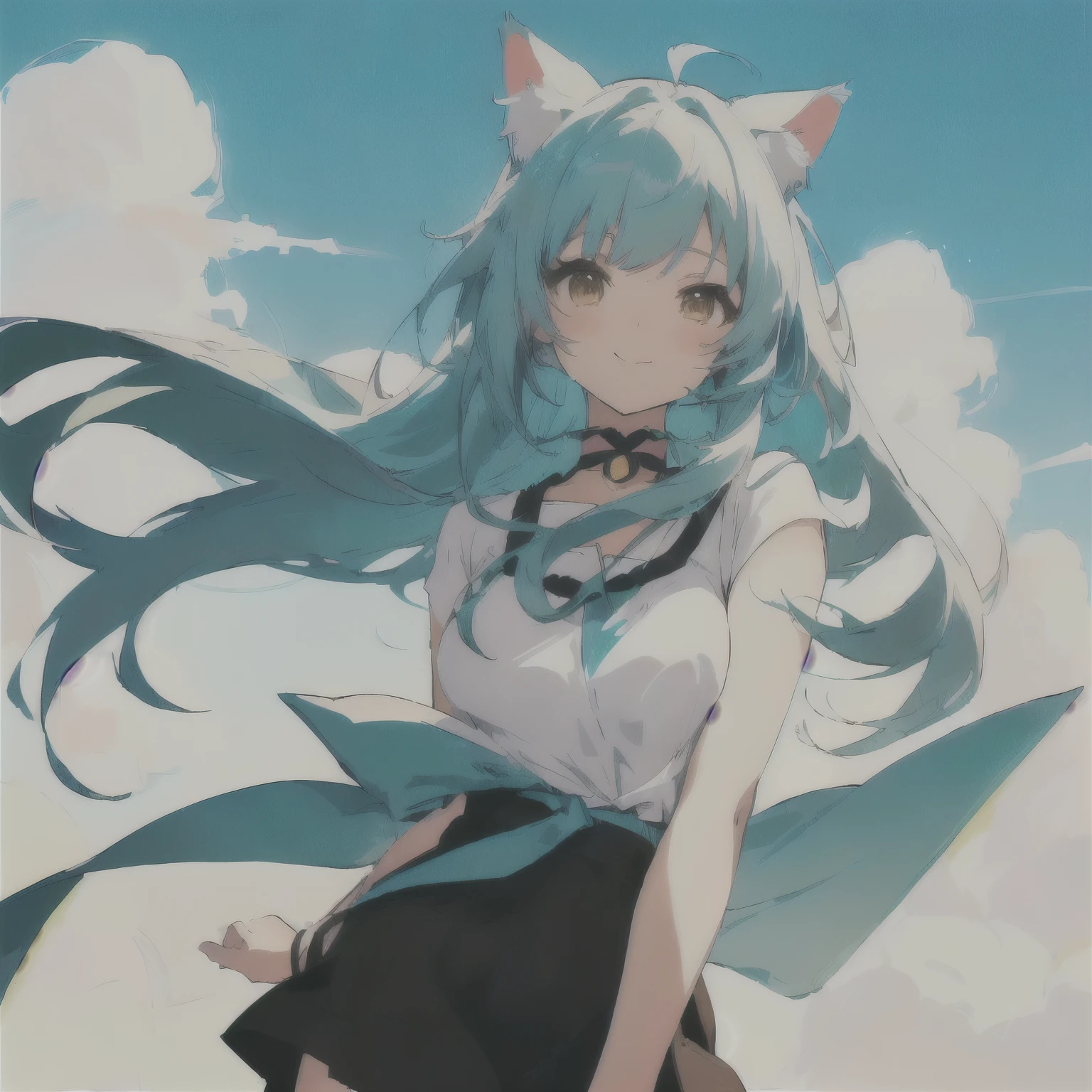 happy anime girl with gray hair and brown eyes and a white top, beautiful anime catgirl, very beautiful anime cat girl, cute anime catgirl, anime catgirl, anime girl with cat ears, anime girl with teal hair, anime moe artstyle, anime artstyle, anime cat, anime style 4 k, anime style. 8k