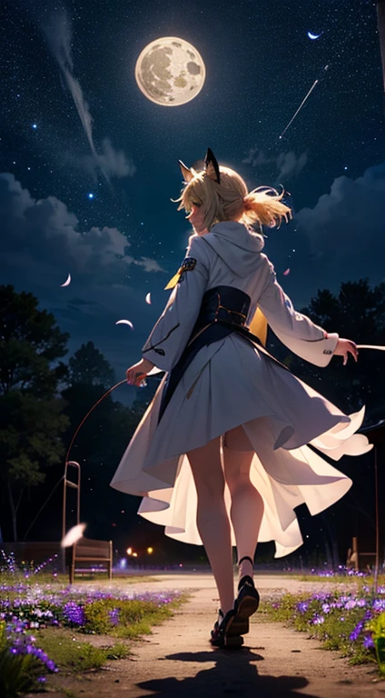 １people々々々々々々々々々々々,Woman with medium length blonde hair，Fox Ears，Long coat，Takageta， Dress Silhouette， Rear View，Space Sky, Flower Field，Colorful flowers，Dancing Petals，full moon，shrine，