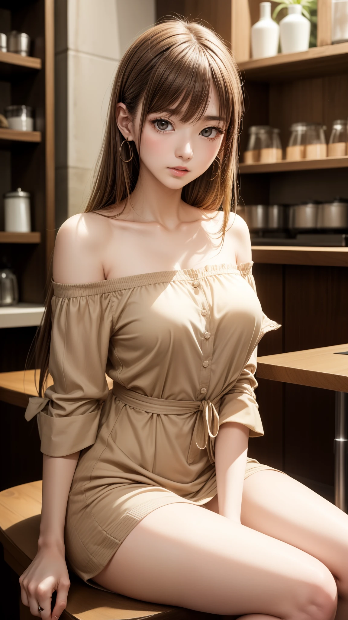 8K quality、High definition、Realistic skin texture、High definitionの瞳、Man sitting、Woman embraced by a man、A female cafe owner seduces a male customer、Brown long hair、、Ring piercing of the earlobe、A neat and tidy beige blouse dress、Dignified face、slender、Model Body Type、Ripe body、Neat 30 year old woman、Off the shoulder、Spread your legs、Spread your legs、Show inner thighs