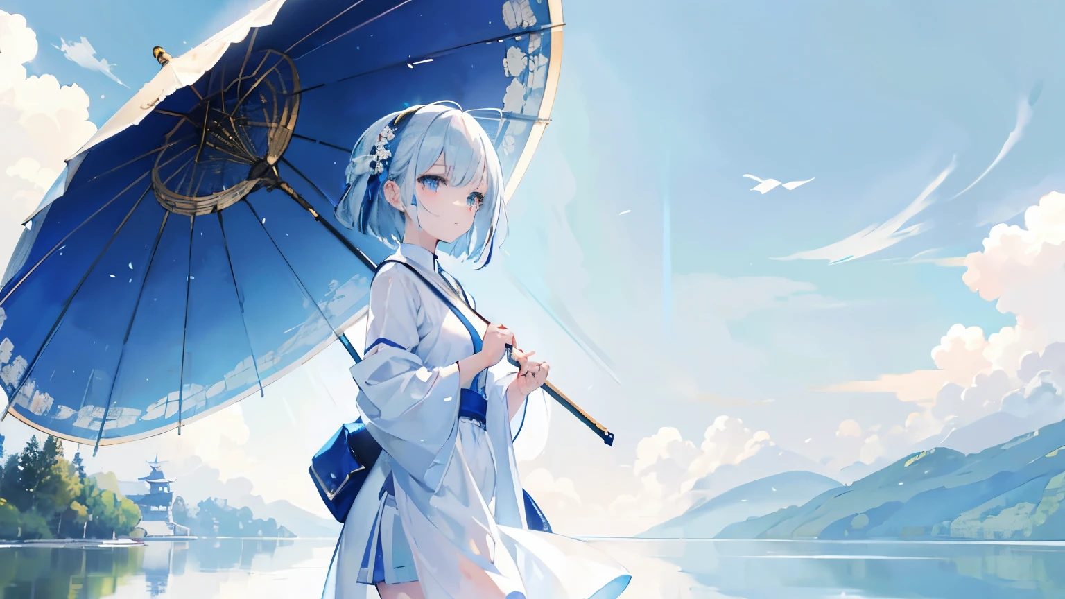 An exquisite masterpiece, highest quality, Illustration Style, Anime girl with white bob, Slender, Japan, Beautiful Eyes, summer, Wet day, Cloudy, Light blue and white dress, lonely, Are crying, Dynamic posture contains the golden ratio, blank, Strong contrast of light and shadow, Super Texture, Very clear and concise image, Water reflection of a hill with a view of the sky