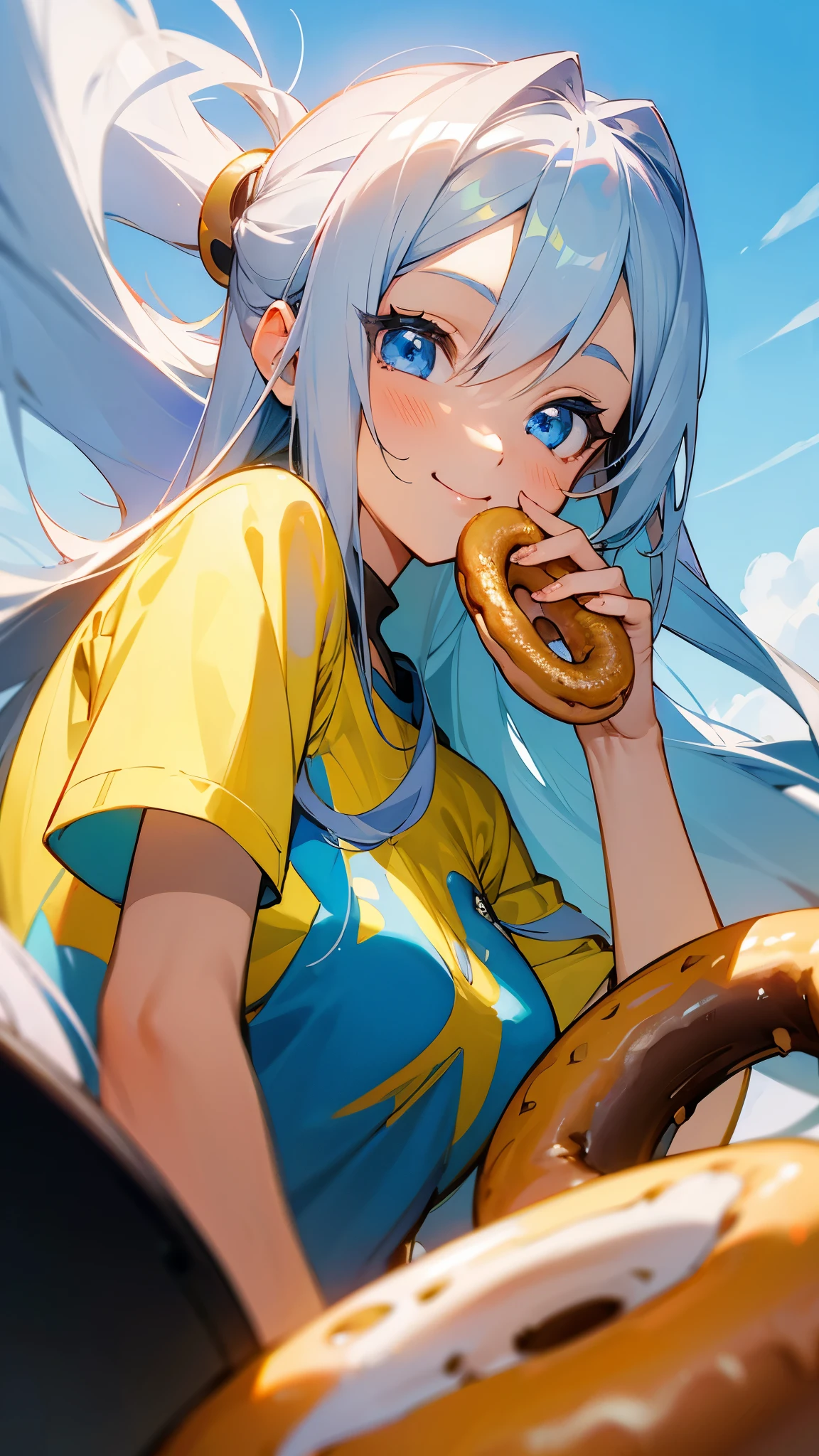 1 girl、anime painting、Silver Hair、Long Hair、Beautiful blue eyes、Vibrant colors、Yellow Shirt、smile、Perfect female body、From the side、Upper body close-up、Eating a donut、Stadium stand background