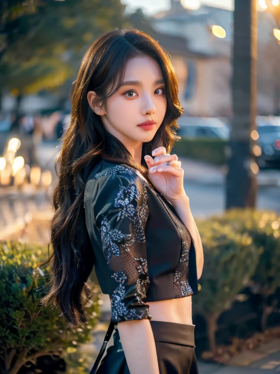 best quality, masterpiece, 1 woman, beautiful face, (photo realistic:1.3), rim lights, (highly detailed skin:1.2), 8K uhd, DSLR, high quality, high resolution, 4K, 8K, bokeh,  absurd, Best Proportion Four Fingers and One Thumb, (realistic:1.3), cute 1 woman, wearing a black formal blazer, medium chest, short skirt,