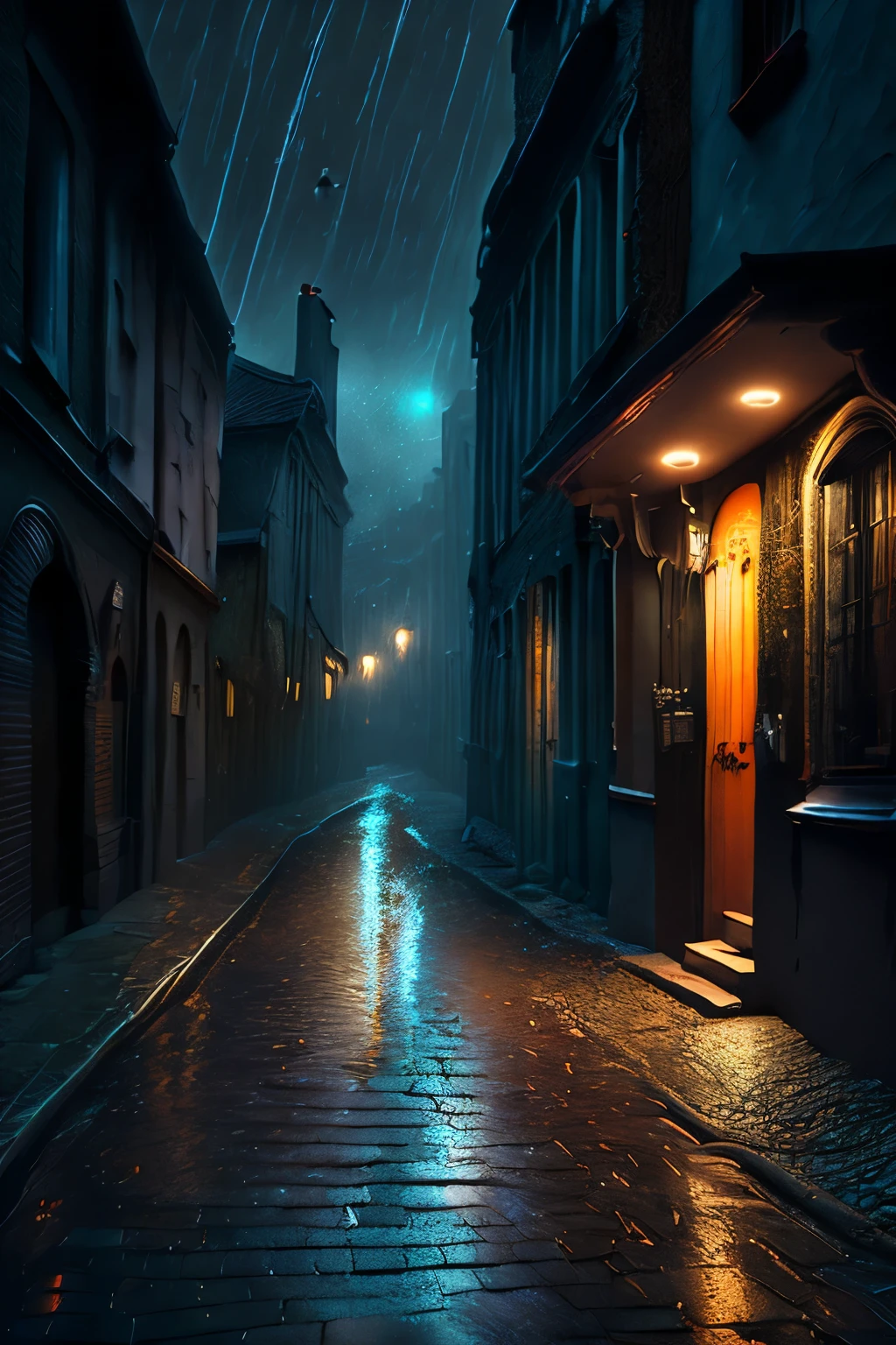 A dark alley on a gloomy, lonely and mysterious night, a floor made of wet cobblestones, with gutters running accumulated rainwater, a slightly torrential rain, someone with a hooded case distancing himself with steps of escape from something that is lurking around him, intricate, realistic, a blurred image of escape movements, nebulous and mucusy and twisted tentacles appearing in the corners of the mysterious street.