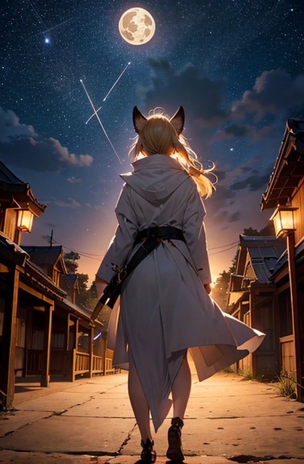 １people,Woman with medium length blonde hair，Fox Ears，Long coat，Takageta， Dress Silhouette， Rear View，Space Sky, shrine，Countless lanterns，full moon，