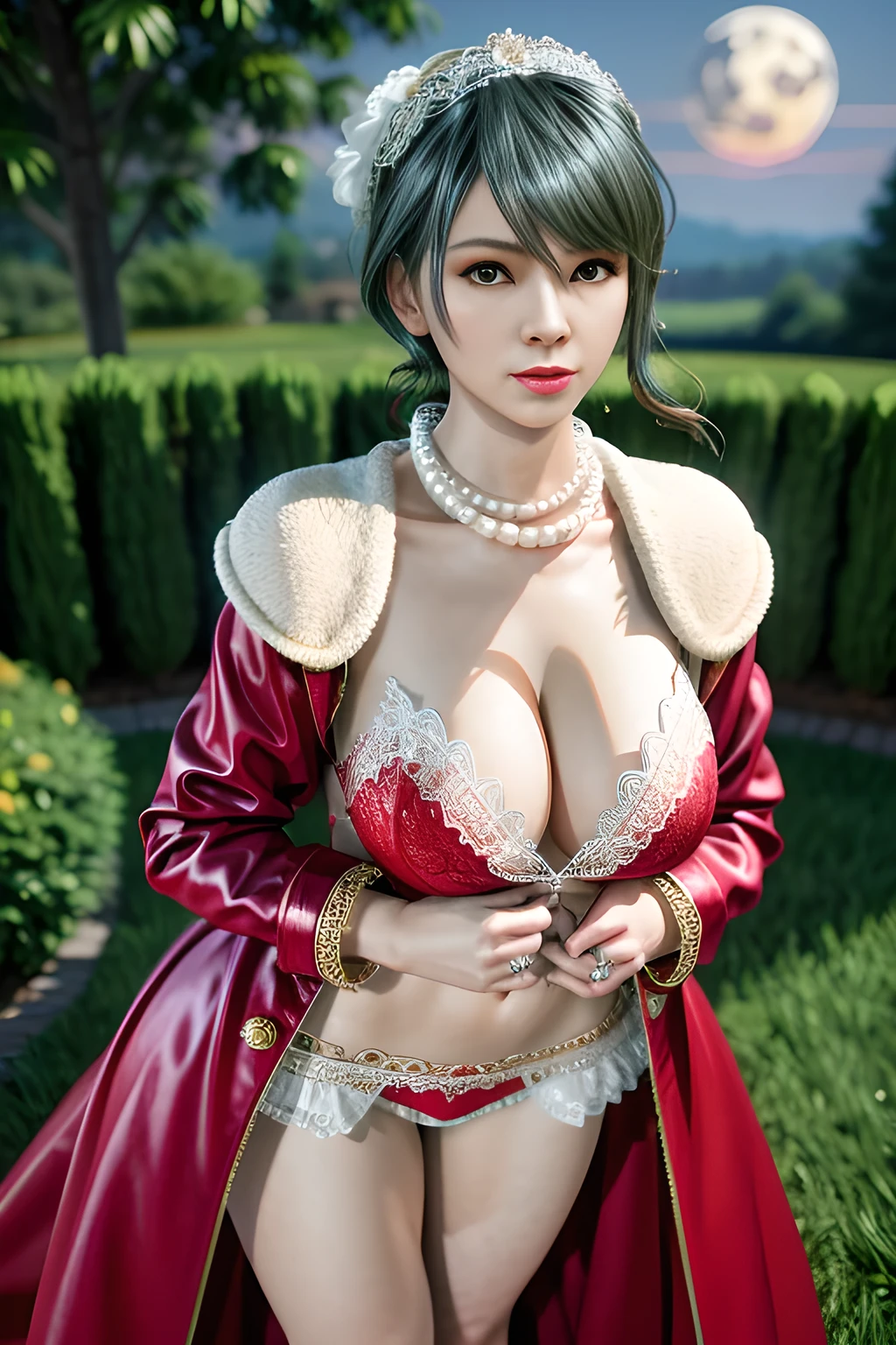 1 girl,lean over WINK,(Wearing Wedding Dress:1.2) ,(Wearing Jewel:1.2) ,( red lace_coat:1.3),(Fluffs :1.4),(pearl bodychain:1.3),garden,nighttime,moon,( huge breasts ),cleavage,shiny skin,lip gloss,tattoos, masterpiece, best quality, realistic ,Surrealism,Rich artistic colors,natural colors art in 8k,3D,Portrait art,solo, tamaki