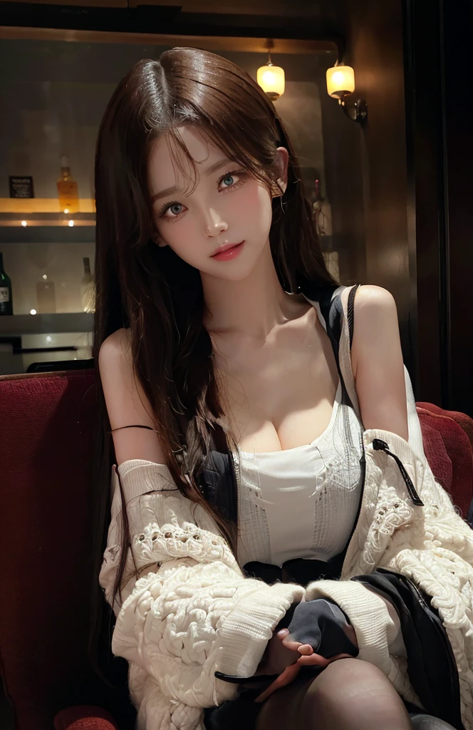(Ultra Real), (illustration), (high resolution), (8K), (very detailed), (Best illustration), (beautiful and delicate eyes), (best quality), (very detailed), (masterpiece), (wallpaper), (detailed face), alone, one girl, whole body, viewer looking at, fine details, detailed face, Dark Bar Counter, in the dark, deep shadows, pure face_V1, laugh, long hair, dark blonde shawl straight hair, forehead, sit on a chair, beautiful teeth, blushing cheeks, alcohol,