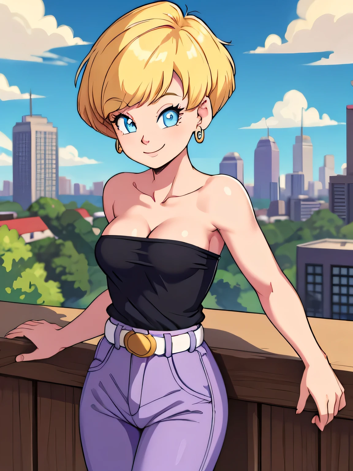 erasa, blonde hair, short hair, blue eyes, earrings, black shirt, strapless, cleavage, small breast, white belt, purple pants, 1 girl, solo, smile, seductive, city, sunlight, blue sky, Masterpiece
