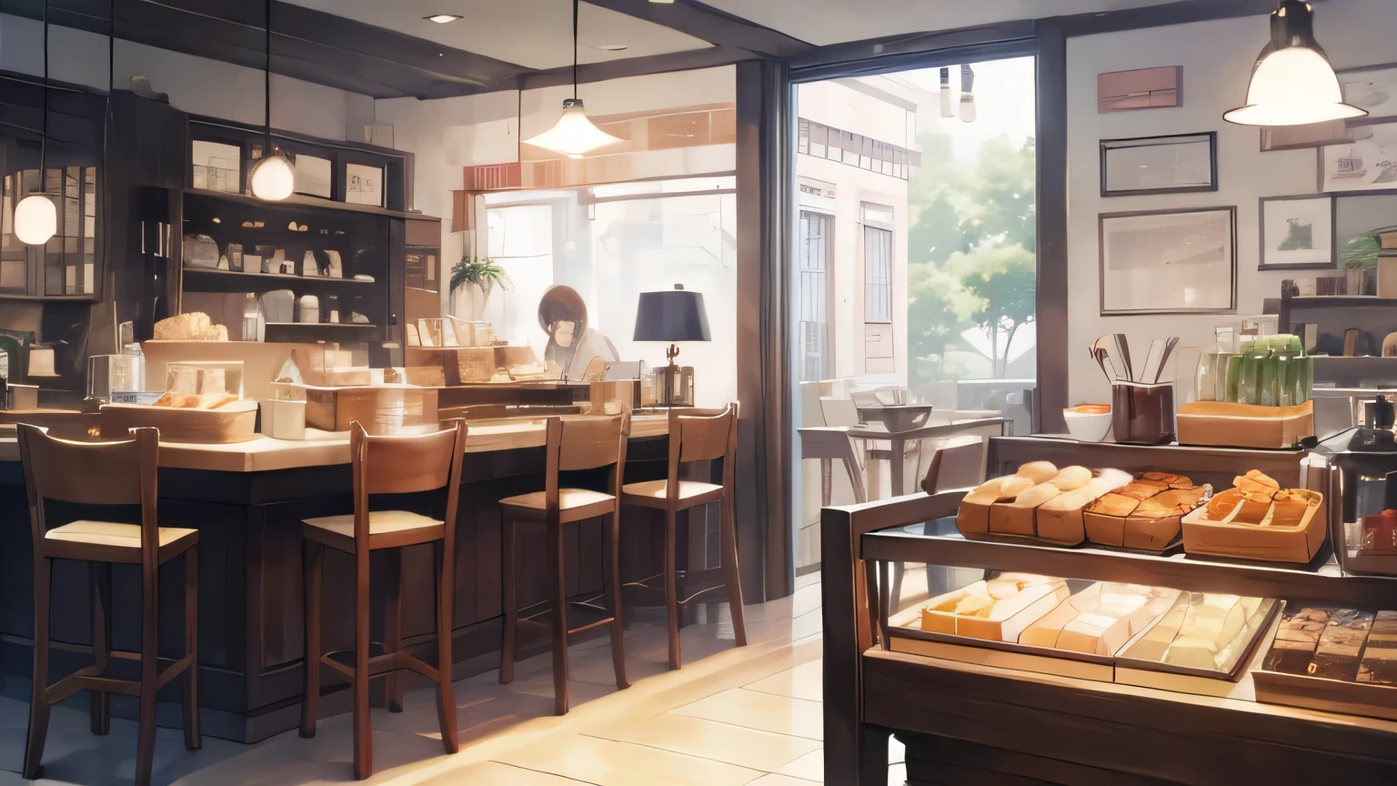 Pastel scenery,Stylish cafe,Anime Style，Freshly Brewed Coffee,A colorful display of baked goods, Relaxed atmosphere, Cozy atmosphere，