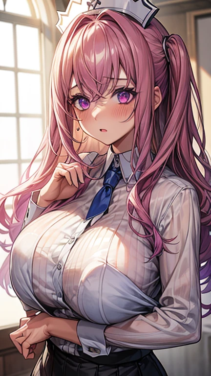 bra visible through clothes, 1girl, breasts, purple eyes, solo, underwear, blond hair, bangs, long hair, shirt, bra, blush, see-through, white shirt, huge breasts, upper body,cum facial