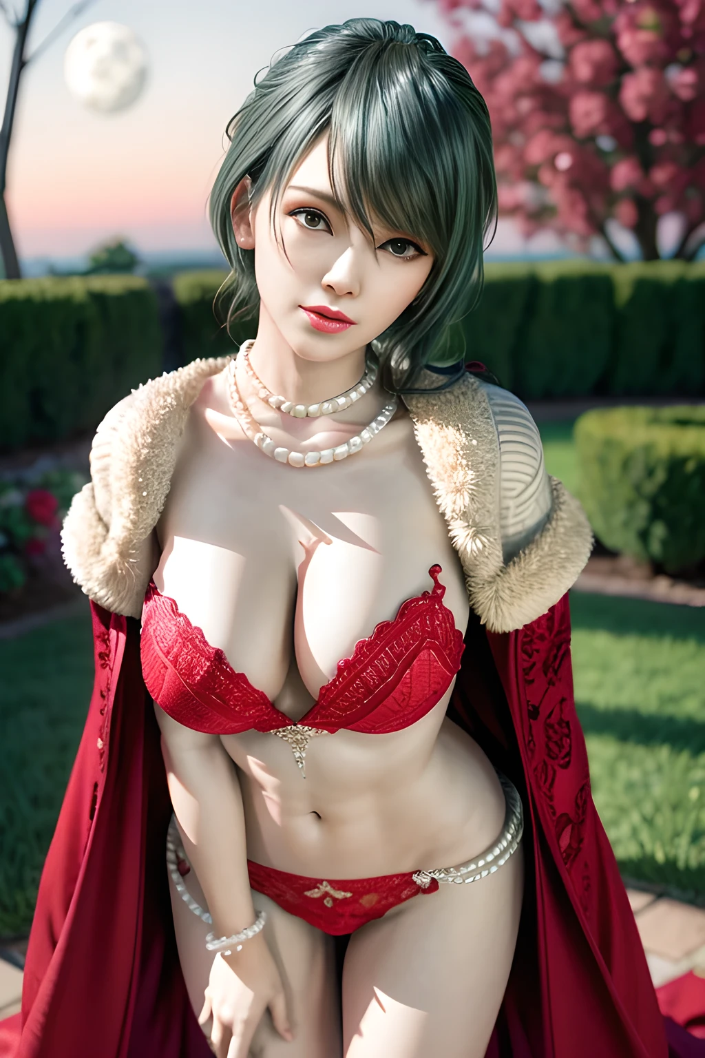 1 girl,lean over WINK,(Wearing Wedding Dress:1.2) ,(Wearing Jewel:1.2) ,( red lace_coat:1.3),(Fluffs :1.4),(pearl bodychain:1.3),garden,nighttime,moon,( huge breasts ),cleavage,shiny skin,lip gloss,tattoos, masterpiece, best quality, realistic ,Surrealism,Rich artistic colors,natural colors art in 8k,3D,Portrait art,solo, tamaki