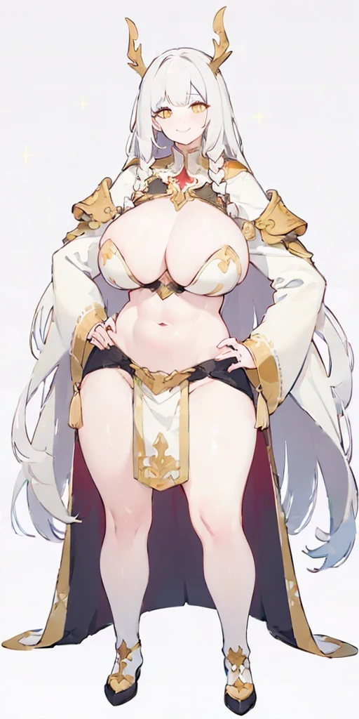 (((Plain background 1:2))) (masterpiece, high quality: 1.1) 1girl full body standing, hairstyle with a braid, white colored hair, yellow eyes, perfect lighting, muscular, thighs, mature woman, mummy, bellybutton, abs, looks at the viewer smile RED CHEEKS, extremely huge breasts, maternal, porcelain skin, extra very long hair, sparkly skin, good face, chest cover, HANDS ON HIPS