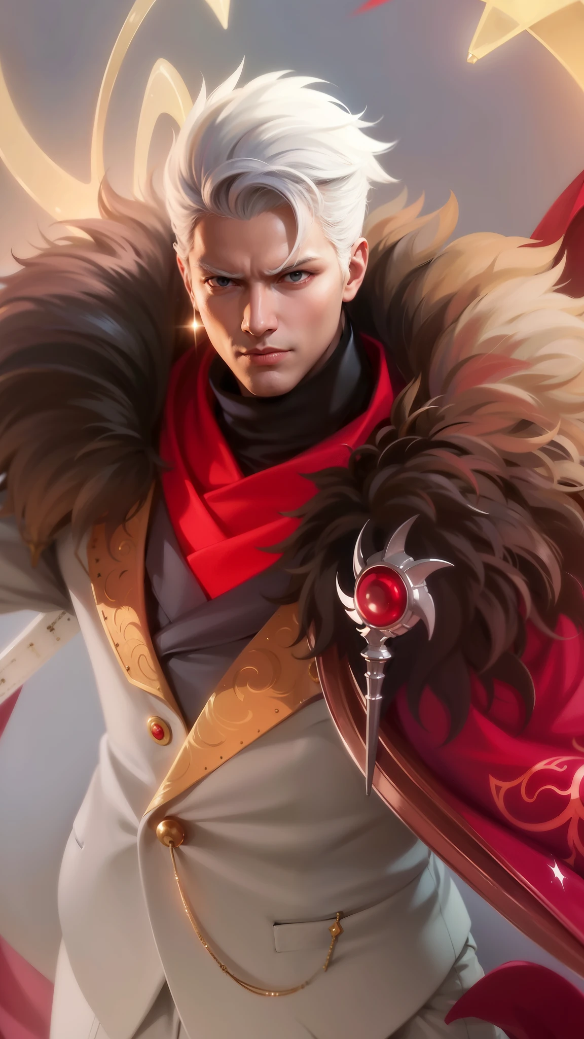 a man in a white suit and red scarf holding a sword, son of sparda, handsome guy in demon slayer art, key anime art, keqing from genshin impact, ig model | artgerm, rossdraws 1. 0, rossdraws 2. 0, sakimichan frank franzzeta, heise jinyao, rossdraws digital painting