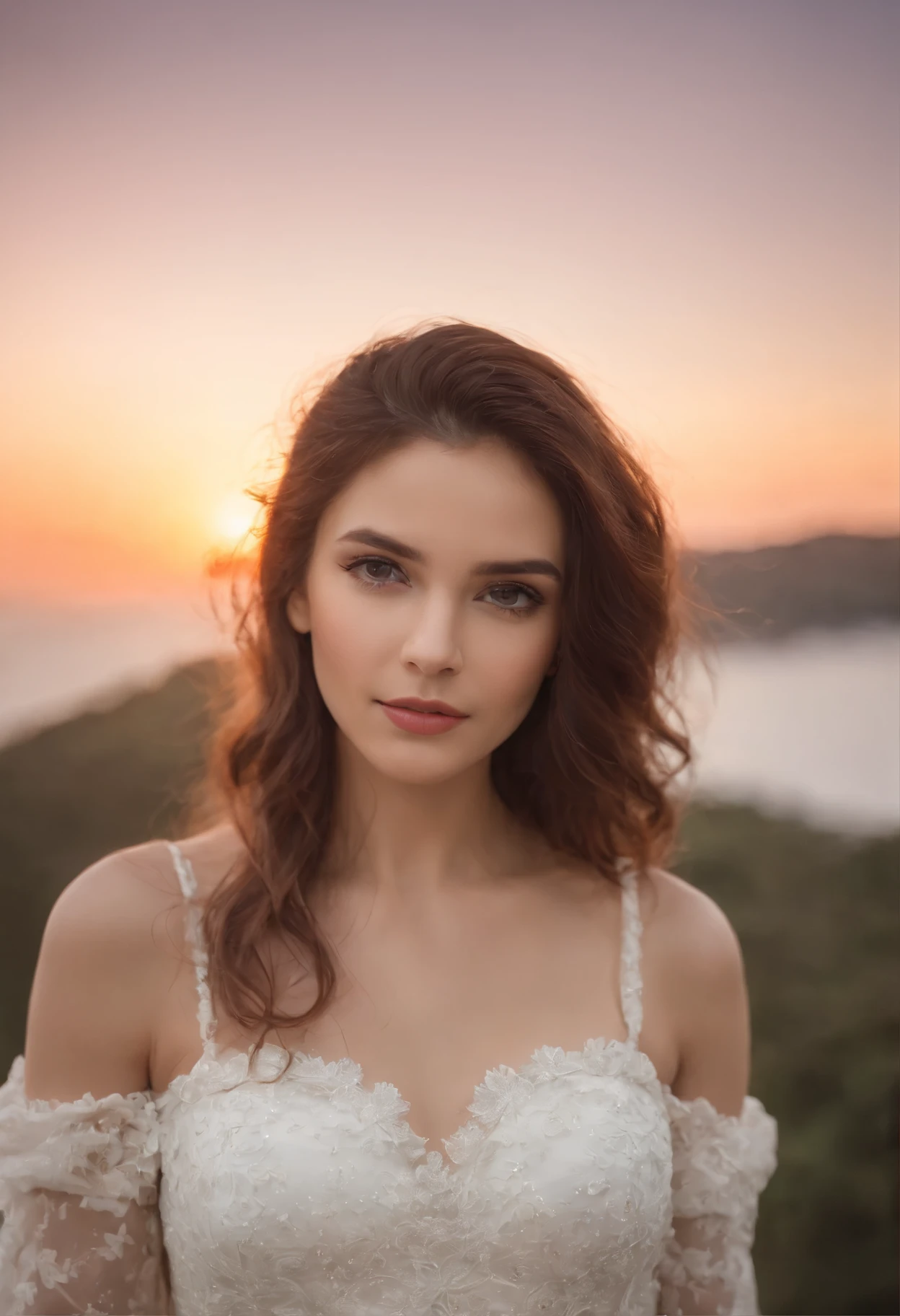 mulher jovem, rosto bonito, Cabelo ondulado longo, cor de cabelo vermelho ardente, olhos verdes brilhantes, Pele branca, sunset background, fundo desfocado, fotorrealismo, usando um vestido branco