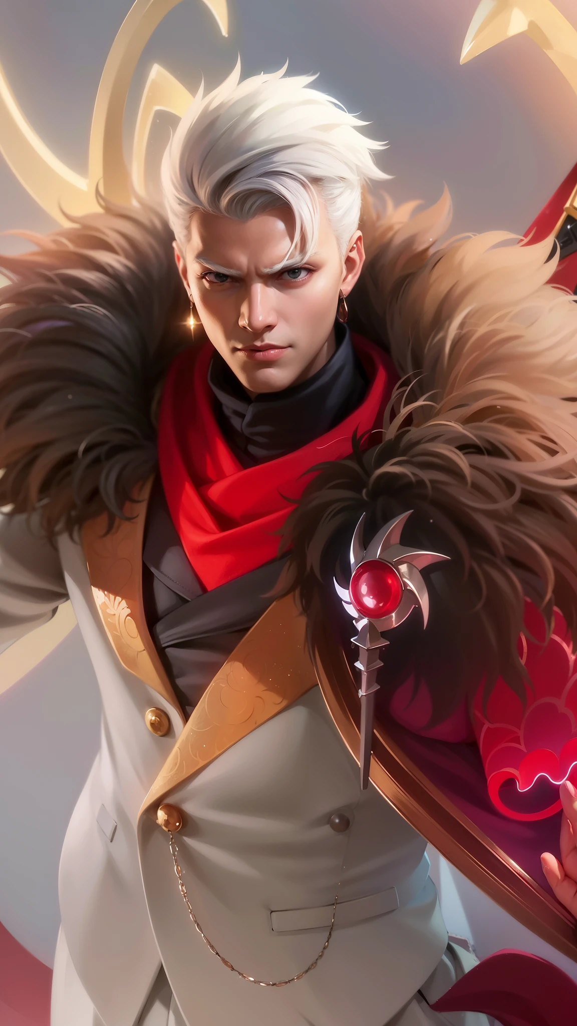 a man in a white suit and red scarf holding a sword, son of sparda, handsome guy in demon slayer art, key anime art, keqing from genshin impact, ig model | artgerm, rossdraws 1. 0, rossdraws 2. 0, sakimichan frank franzzeta, heise jinyao, rossdraws digital painting