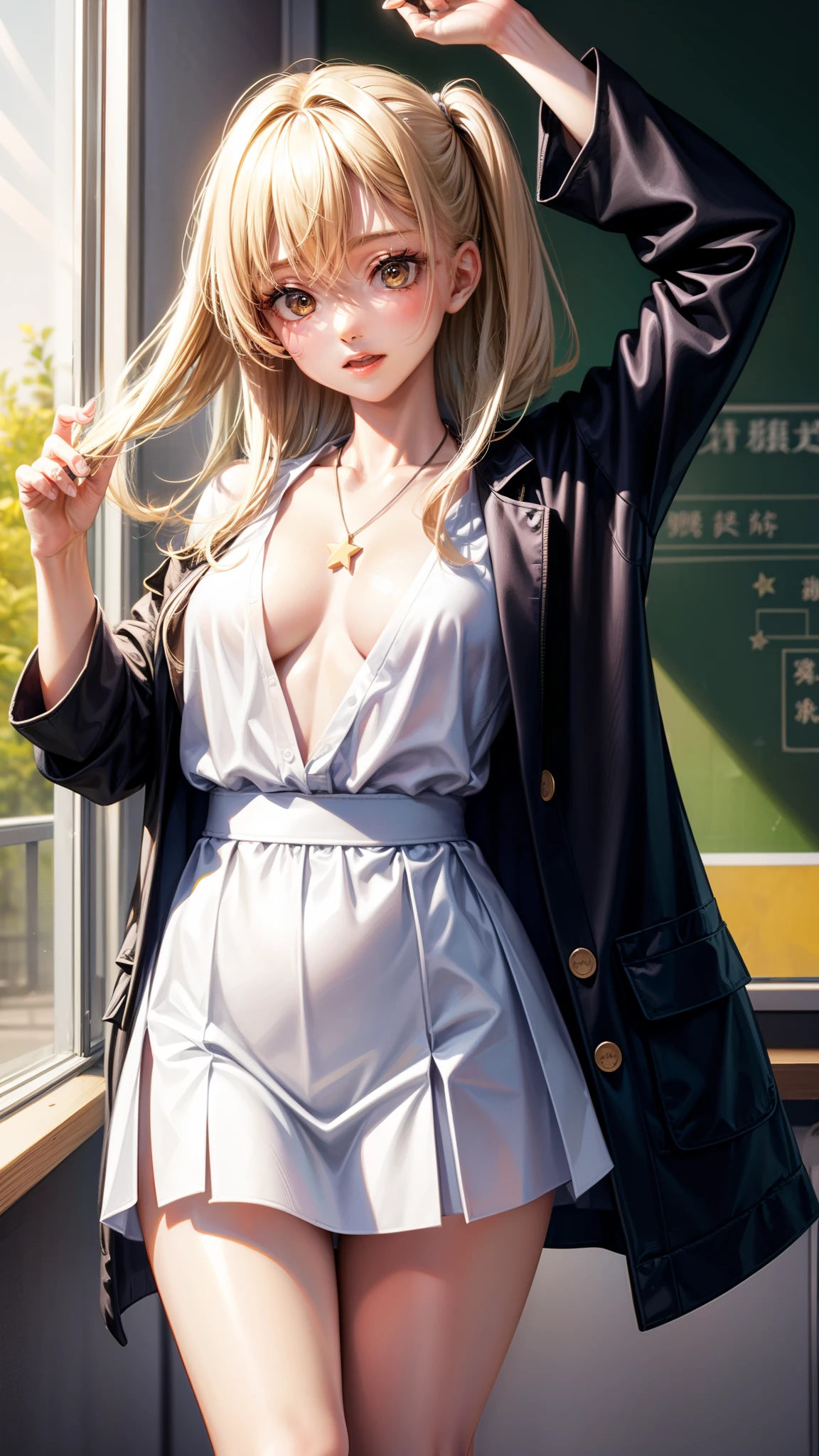 8K quality、High definition male、Blonde gal high school girl、Brown long hair、Brown eyes、Star Necklace、High school classroom at dusk、Japanese school girl uniform、Beautiful legs、Beautiful thighs、Dignified face、Small breasts、Seduce、slender、Model Body Type、Ripe body、、Rolled up hem、Sheer blouse、Open neck blouse、Put on a jacket with the sleeves rolled up