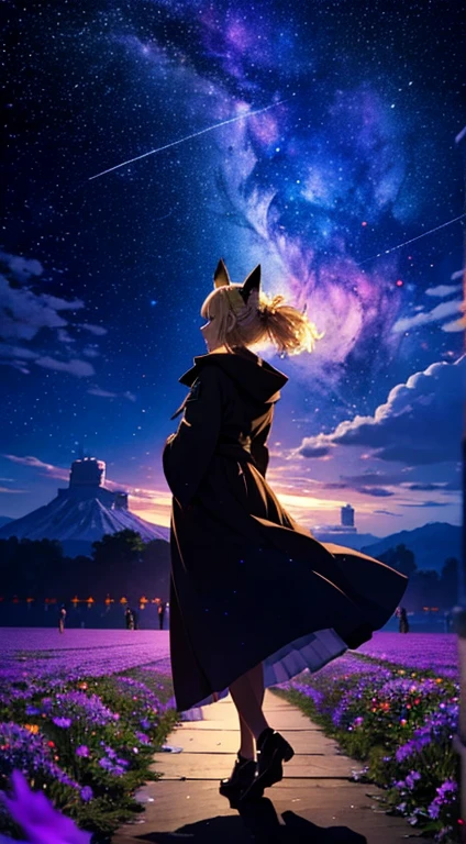 1people々々々々々々々々々々々々,Woman with medium length blonde hair,Fox Ears,Long coat,Takageta, Dress Silhouette, Rear View,Space Sky, Flower Field,Colorful flowers,Dancing Petals,full moon,shrine,