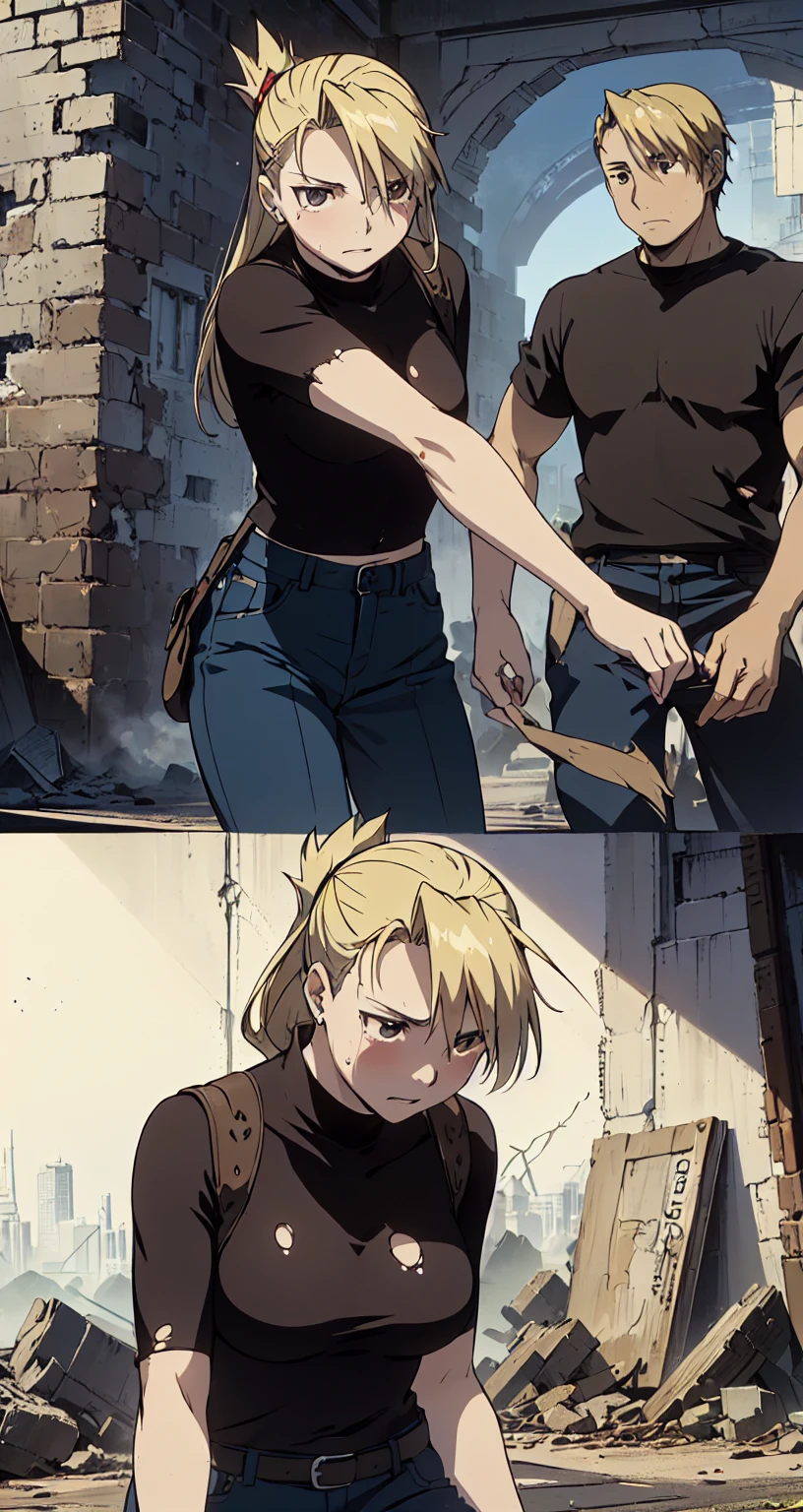 masterpiece, highest quality, High resolution, One Girl, Hamriz, ponytail, Brown eyes,big , Black Shirt, Tight shirt, holster, Short sleeve, belt, Covered navel, Blue pants,Outdoor、blush、Sweat、Composition from the front、anime、(((In combat、Torn clothes、rape、Humiliation、Humiliation、Woman being blown away、Being attacked、scratch、Ruined City、it hurts、)))