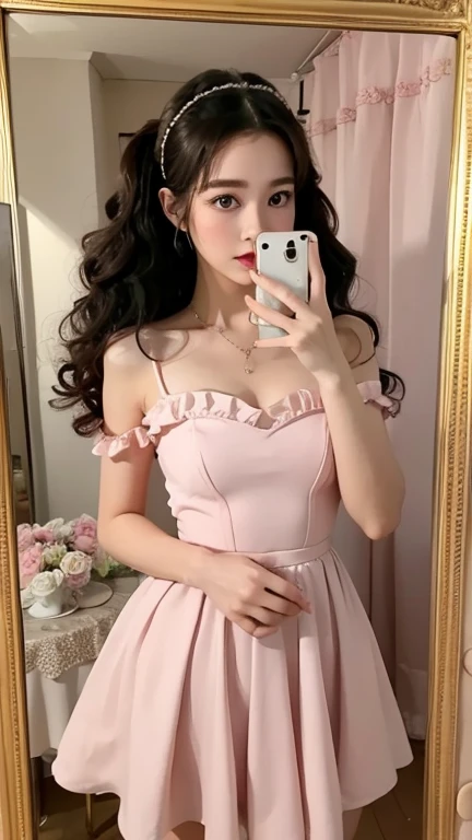 ((Selfie in the dressing room mirror))、Pink dresser、Large gold mirror、Cosmetic woman、Breakfast at Tiffany's、cute、Black mini dress、break、Pink Gloves、Dress up hair arrangement、Lots of gems、One Woman、夢のようなcuteな空間、stylish、Curly hair、detailed、Masterpiece、Cinema Lighting、Album cover art