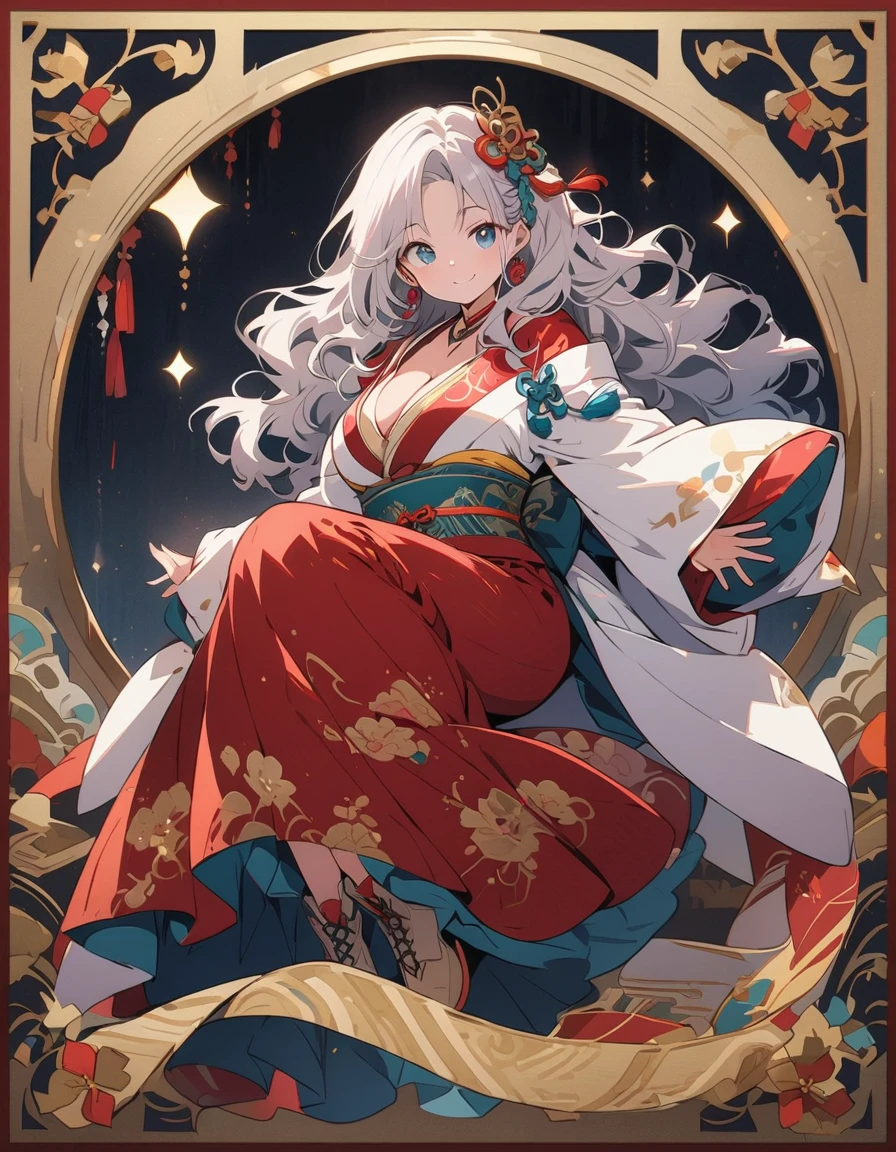 (beautiful woman, wavy hair, Silver hair), smiling lightly, big breasts, cleavage, (kimono:1.4, antique pattern, ruffles:1.2), (antique design), short boots,Full Body、 antique background, simple background, (top quality, masterpiece, high resolution,detailed),animated style,flat style,(eyes shining iridescent colors illuminated light,detailed beautiful face), BREAK,extremely detailed,high saturation,floating,dynamic angles,animated