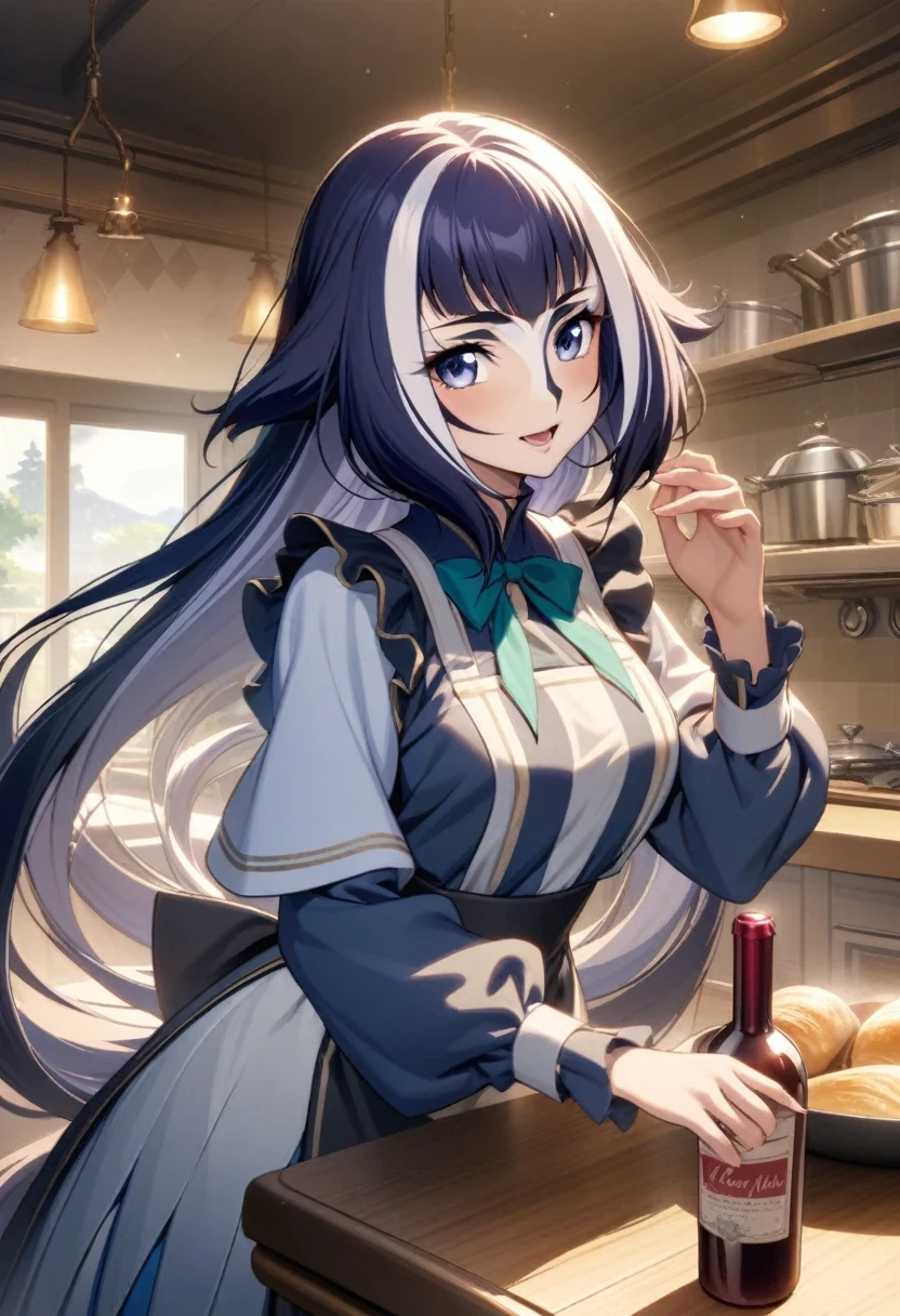 (shylily/(Twich/):1.5),(masterpiece:1.2),(best quality:1.2),, (1girl:1.3), Holding a bottle of wine in the kitchen, Fine details, ( Waitress ) girl, Wearing RR Diner , Official Art, Official Art, ❤🔥🍄🌪, Official Art altamente detalhada, Official Art do personagem, girl misteriosa da cafeteria ( Long hair) ( five-fingered hand ) (Perfect hands )