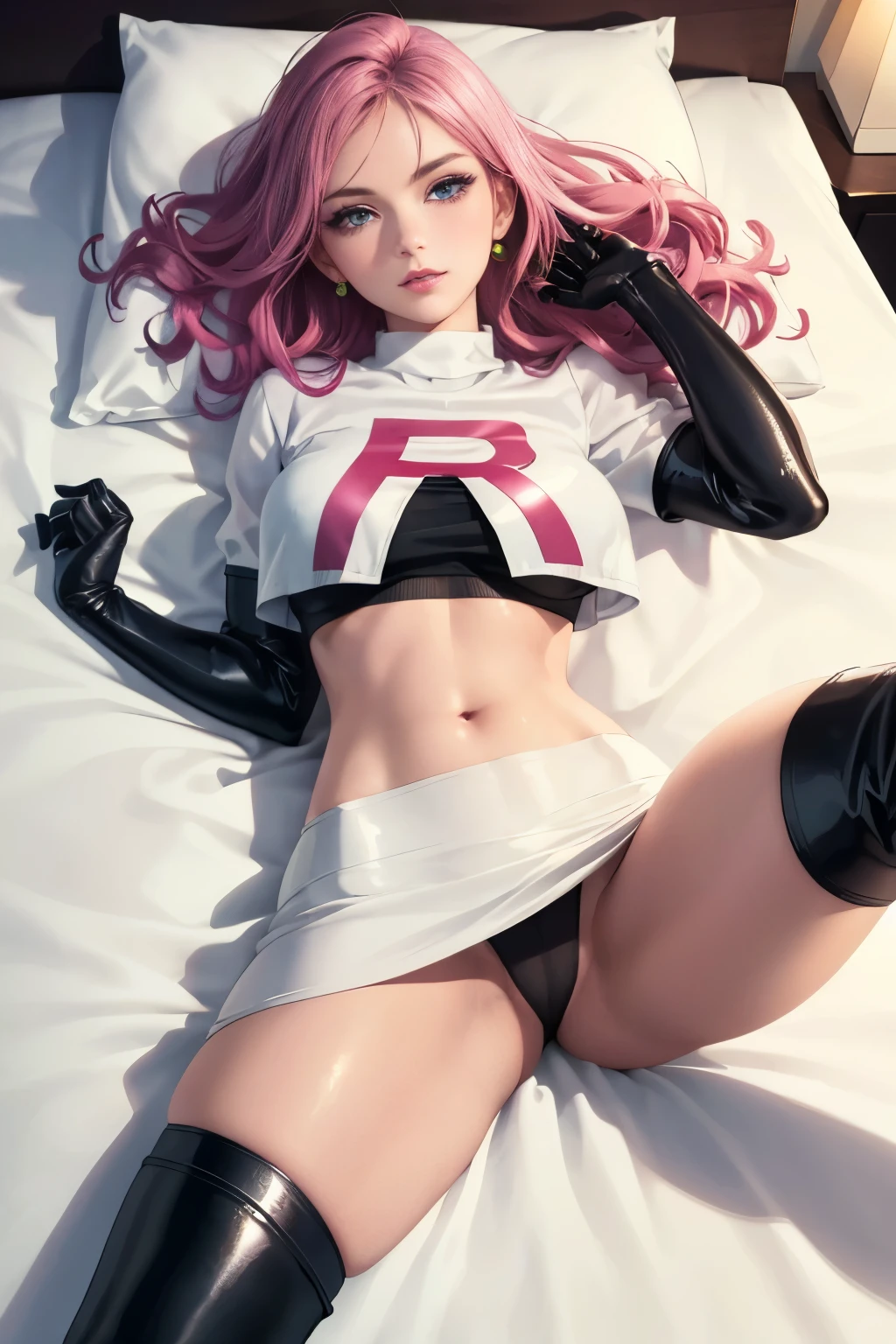 Jessie (Pokemon)，Being in a hotel，(Lying on her back in bed:1.4)，(Open your legs:1.4)，(Legs are lifted :1.5)，(Top-down view)，
（（（tmasterpiece）））， （（best qualtiy））， （（intricately details））， （（ultra-realistic realism））， Ridiculous res， team rocket，Jessie， see-through， highly  detailed， illustratio， 1 girl， （（Large breasts））， (Pink areola)，perfect hand， detailed finger， Beautiful detailed eyes， Wavy curly hair， with brown eye， name badge， vd， （Team Rocket uniform：1.2）， (white crop top)，(The breasts leak all out of the clothes), a white mimi skirt, black chocker, black elbow gloves, black thigh boots, detailedbackground， Bedrooms， perfect  eyes， Seductive eye，Cocked buttocks，Reddened face，(cute:1.2)，seductive eyes