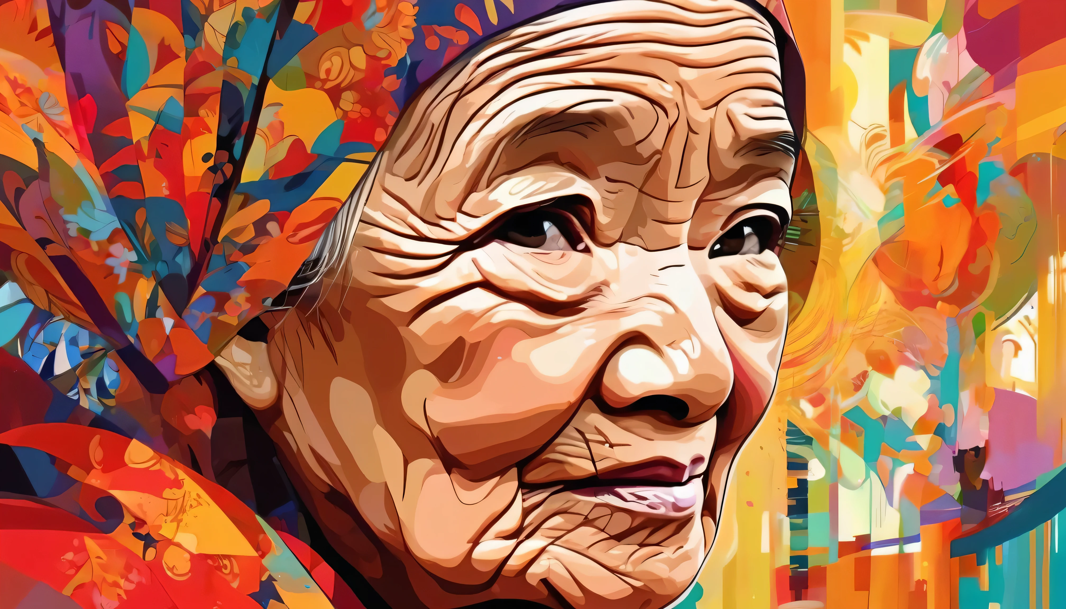 high quality, masterpiece, illustration of senior Indonesian woman with dementia alzheimers mental disorder, degenerative disease, Abstract background Expression full of confidence,