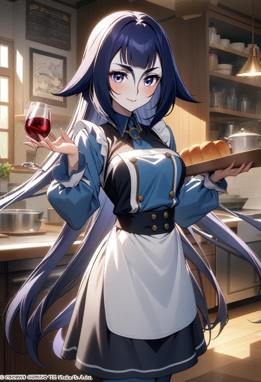 (shylily/(Twich/):1.5),(masterpiece:1.2),(best quality:1.2),, (1girl:1.3), Holding a bottle of wine in the kitchen, Fine details, ( Waitress ) girl, Wearing RR Diner , Official Art, Official Art, ❤🔥🍄🌪, Official Art altamente detalhada, Official Art do personagem, girl misteriosa da cafeteria ( Long hair)  ( five-fingered hand ) (Perfect hands )