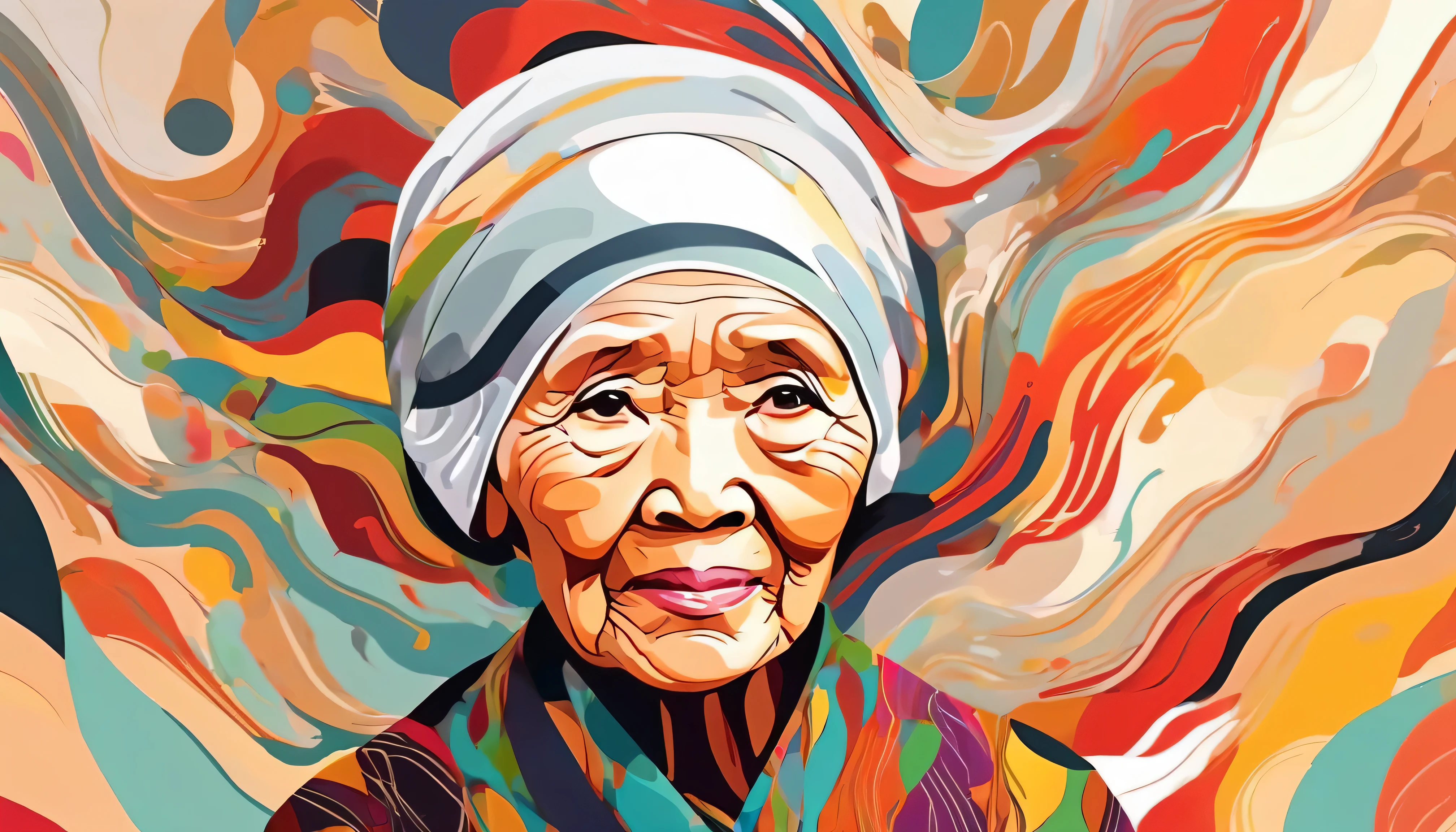 high quality, masterpiece, illustration of senior Indonesian woman with dementia alzheimers mental disorder, degenerative disease, Abstract background Expression full of confidence,
