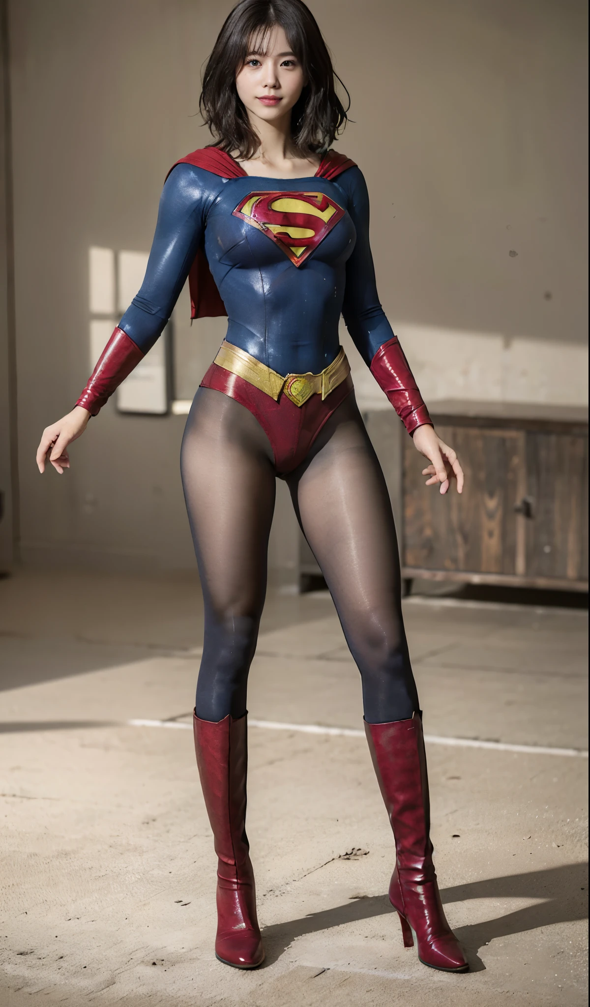 No background、(((Beautiful legs in black tights.)))、(((Legally express the beauty of your smile)))、((((Make the most of your original images)))、(((Supergirl Costume)))、(((Short beautiful hair)))、(((suffering)))、(((Please wear black tights....、Wear red boots)))、((Best image quality、8K))、((highest quality、8K、masterpiece:1.3))、(((Preserve background )))、Sharp focus:1.2、Beautiful woman with perfect figure:1.4、Thin abdominal muscles:1.2、Wet body:1.5、Highly detailed face and skin texture、8K