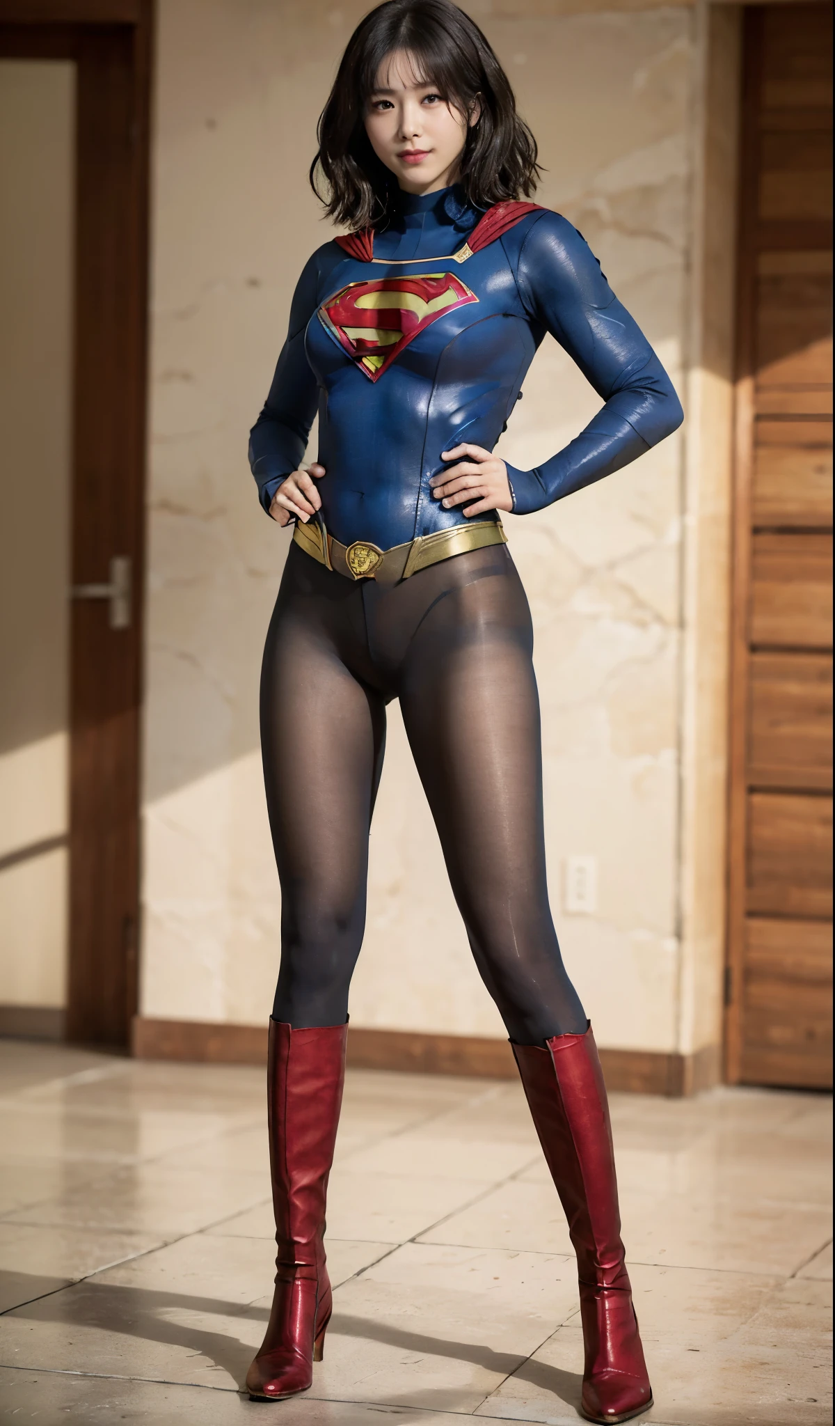 No background、(((Beautiful legs in black tights.)))、(((Legally express the beauty of your smile)))、((((Make the most of your original images)))、(((Supergirl Costume)))、(((Short beautiful hair)))、(((suffering)))、(((Please wear black tights....、Wear red boots)))、((Best image quality、8K))、((highest quality、8K、masterpiece:1.3))、(((Preserve background )))、Sharp focus:1.2、Beautiful woman with perfect figure:1.4、Thin abdominal muscles:1.2、Wet body:1.5、Highly detailed face and skin texture、8K